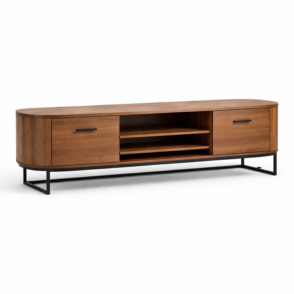 Mueble TV madera marron con estantes y puertas estilo moderno-Zenyxio