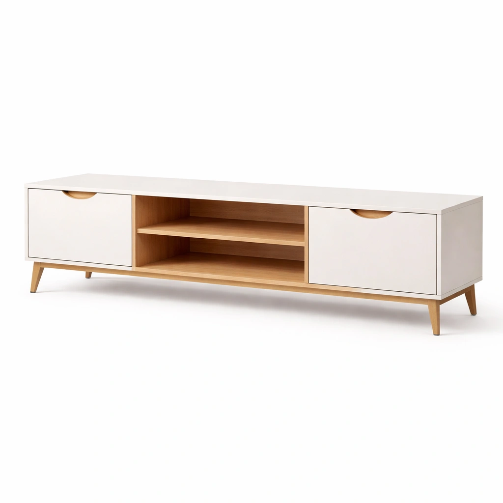 Mueble TV blanco y madera con estantes abiertos estilo nordico-Zenyxio