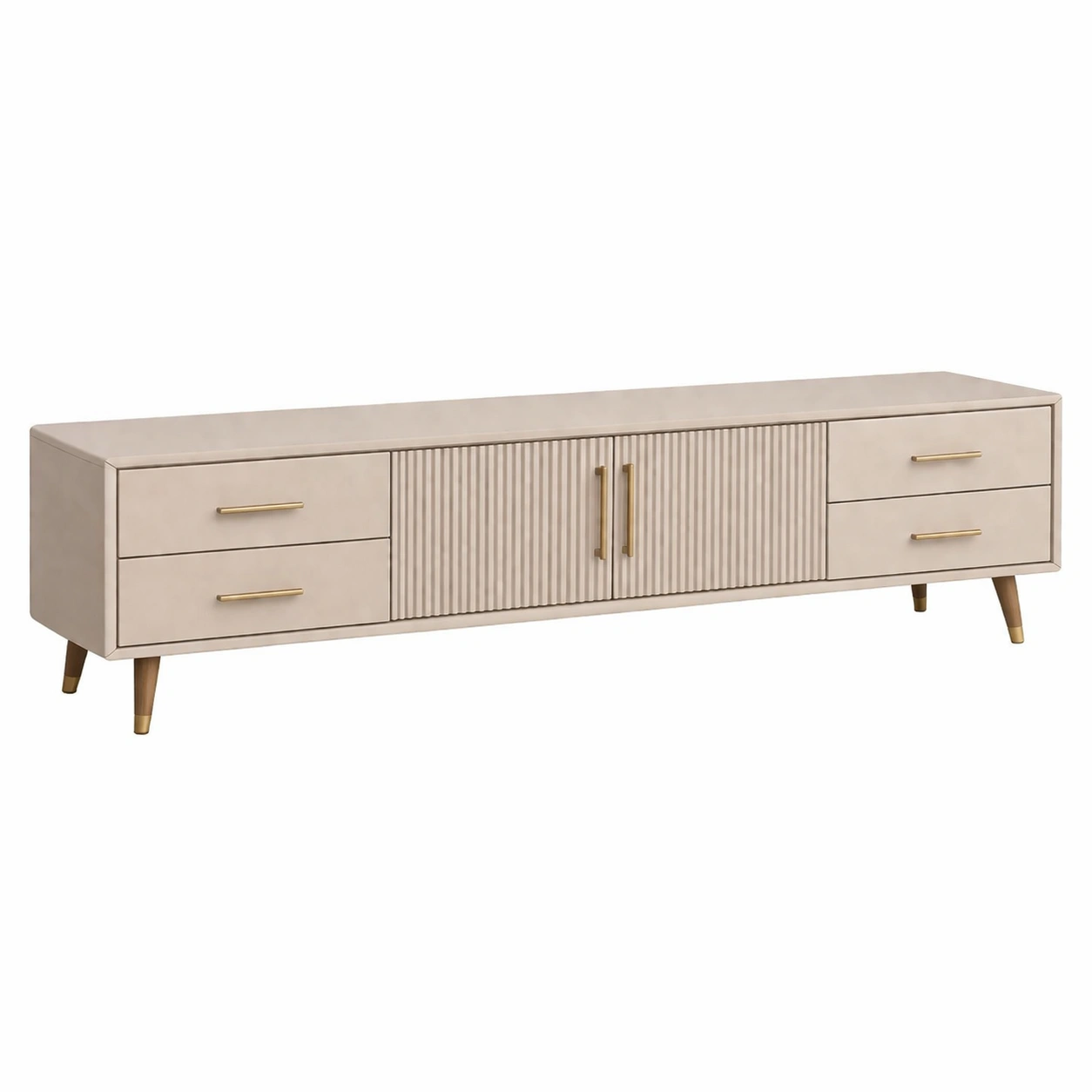 Mueble TV beige con cajones y puertas acanaladas elegante-Zenyxio