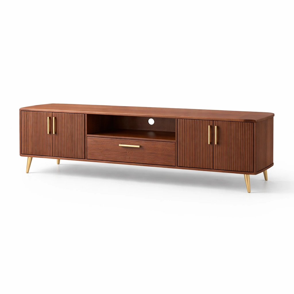 Mueble TV madera marron con puertas acanaladas y estante central-Zenyxio