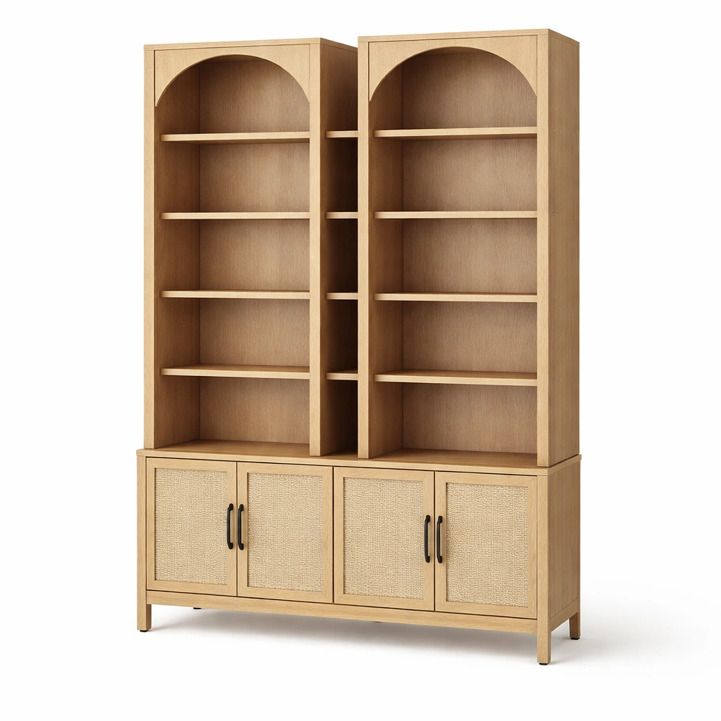 Vitrina alto madera clara con estantes abiertos y puertas ratan estilo natural-Zenyxio