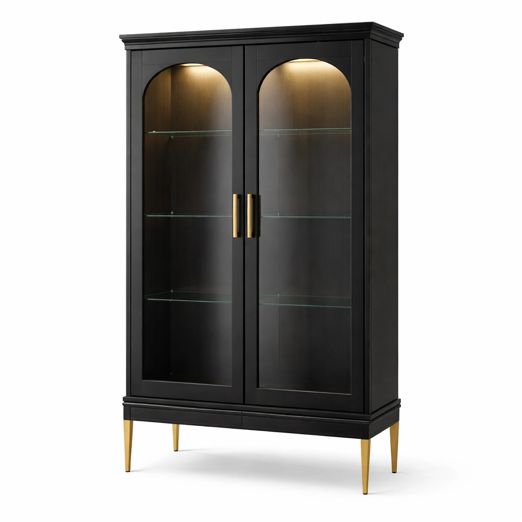 Vitrina negra con puertas de vidrio e iluminacion interior elegante-Zenyxio