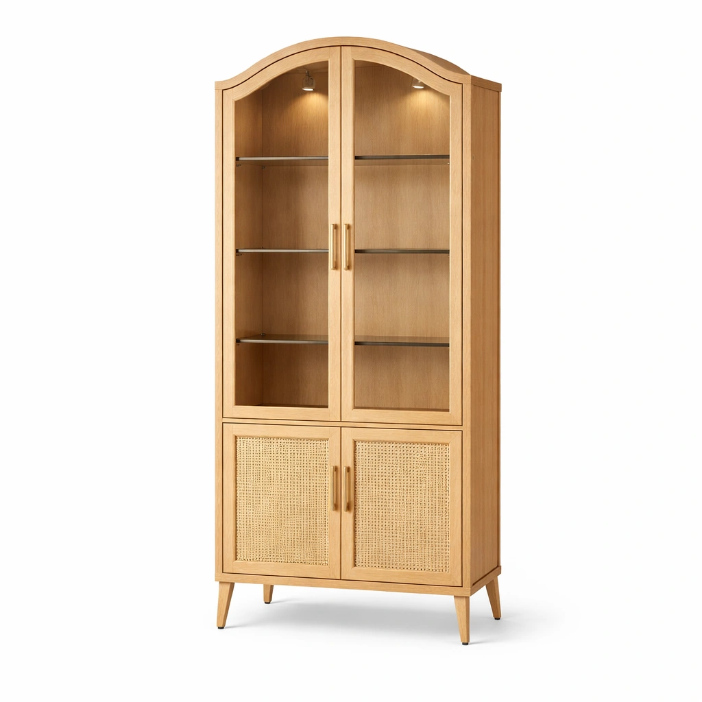 Vitrina madera clara con puertas de vidrio y base ratan estilo nordico-Zenyxio