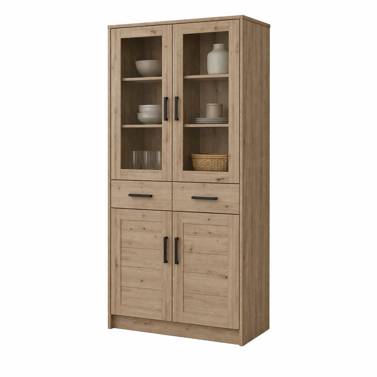 Vitrina madera natural con puertas de vidrio y cajones almacenamiento-Zenyxio