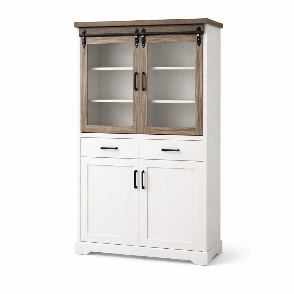 Vitrina blanco y madera con puertas correderas estilo rustico moderno-Zenyxio