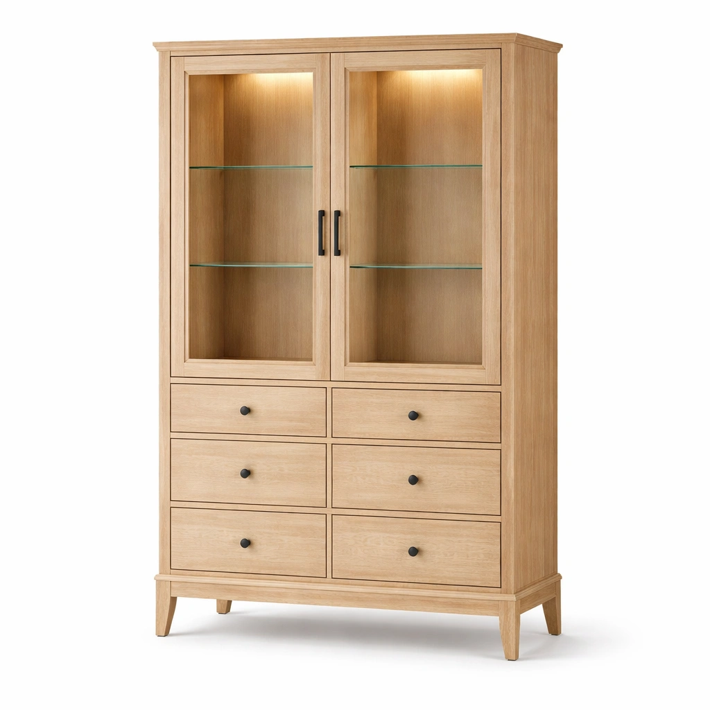 Vitrina madera clara con puertas de vidrio y cajones multiples elegante-Zenyxio