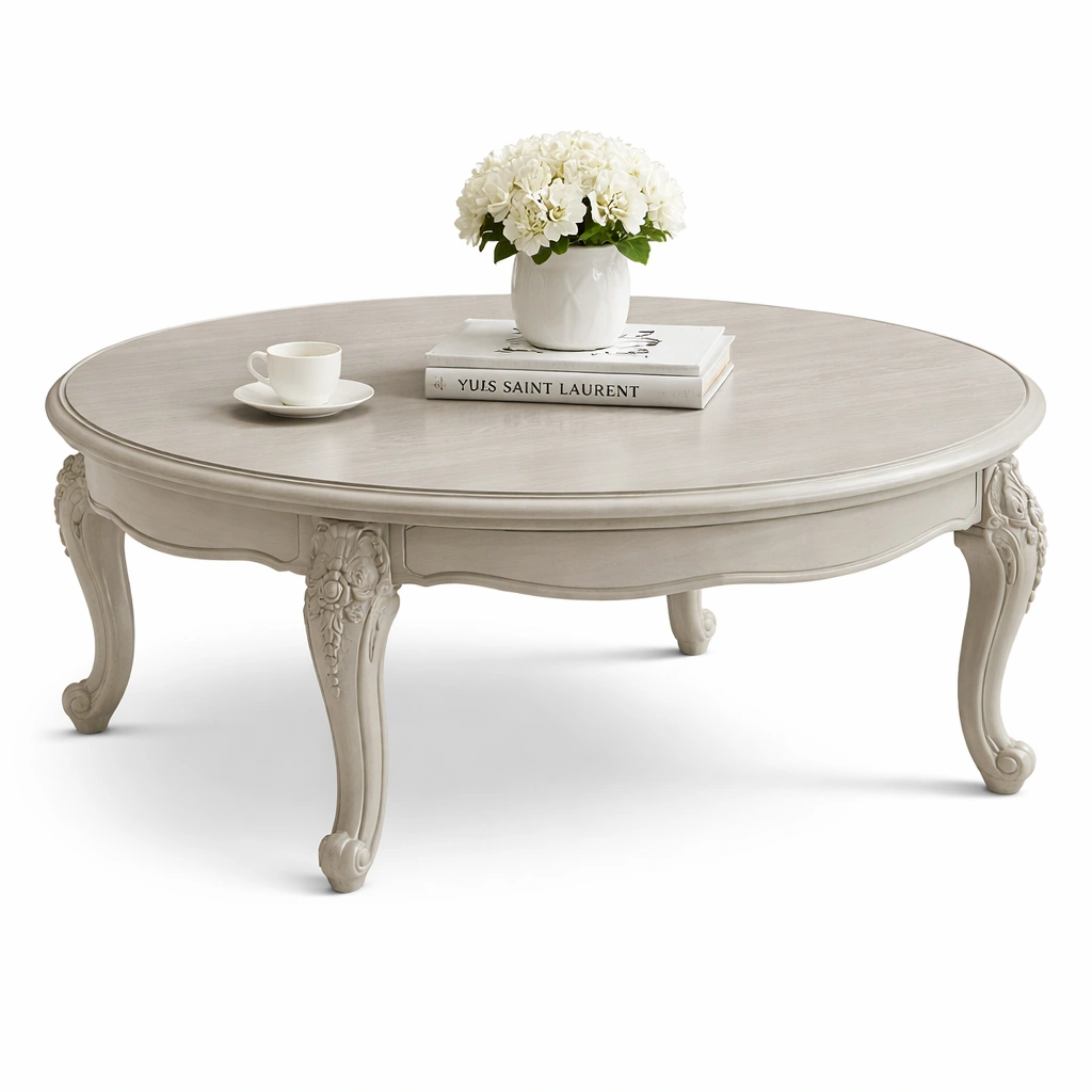 Mesa de centro clasica redonda color crema con patas talladas estilo elegante-Zenyxio