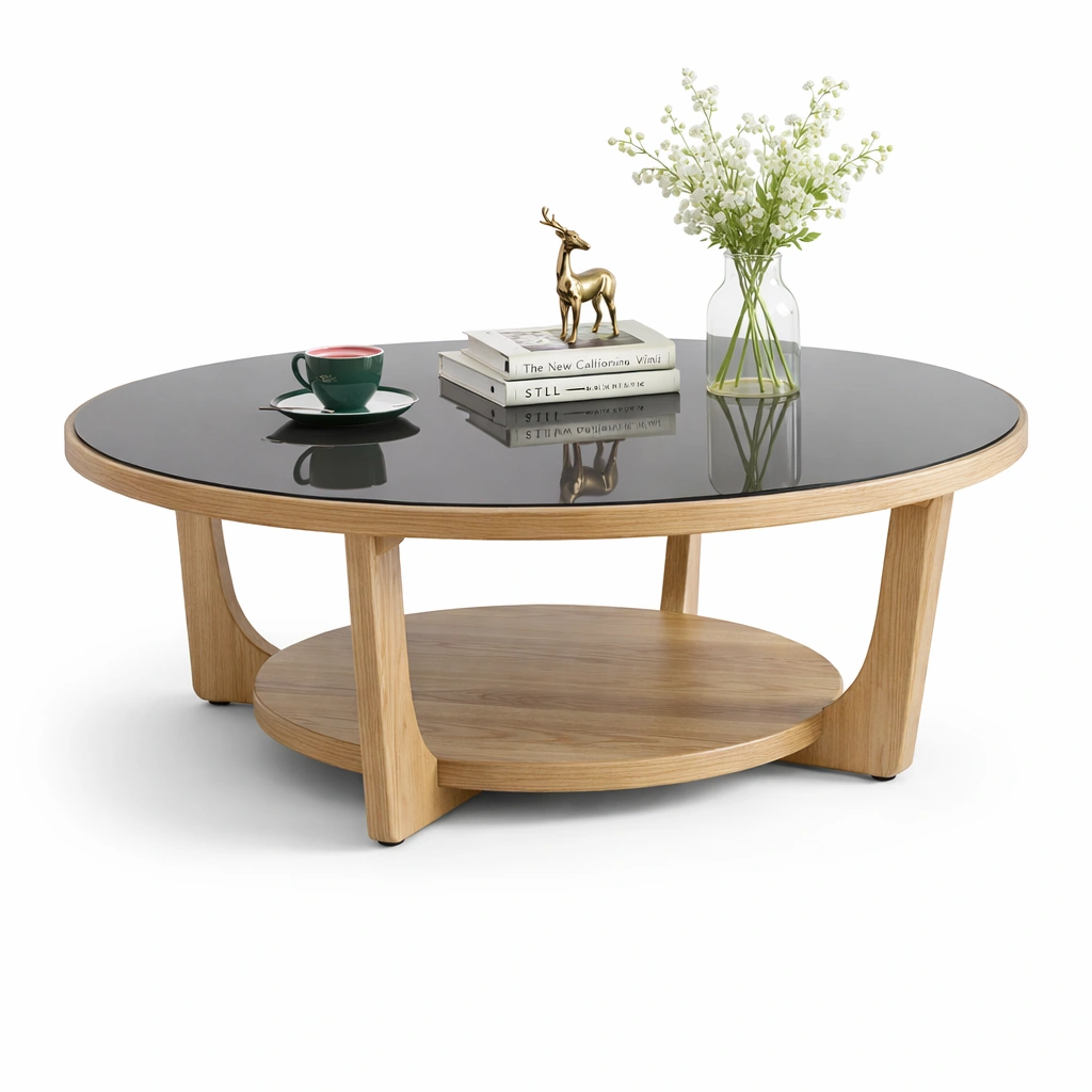 Mesa de centro moderna redonda con tablero negro y base madera funcional-Zenyxio