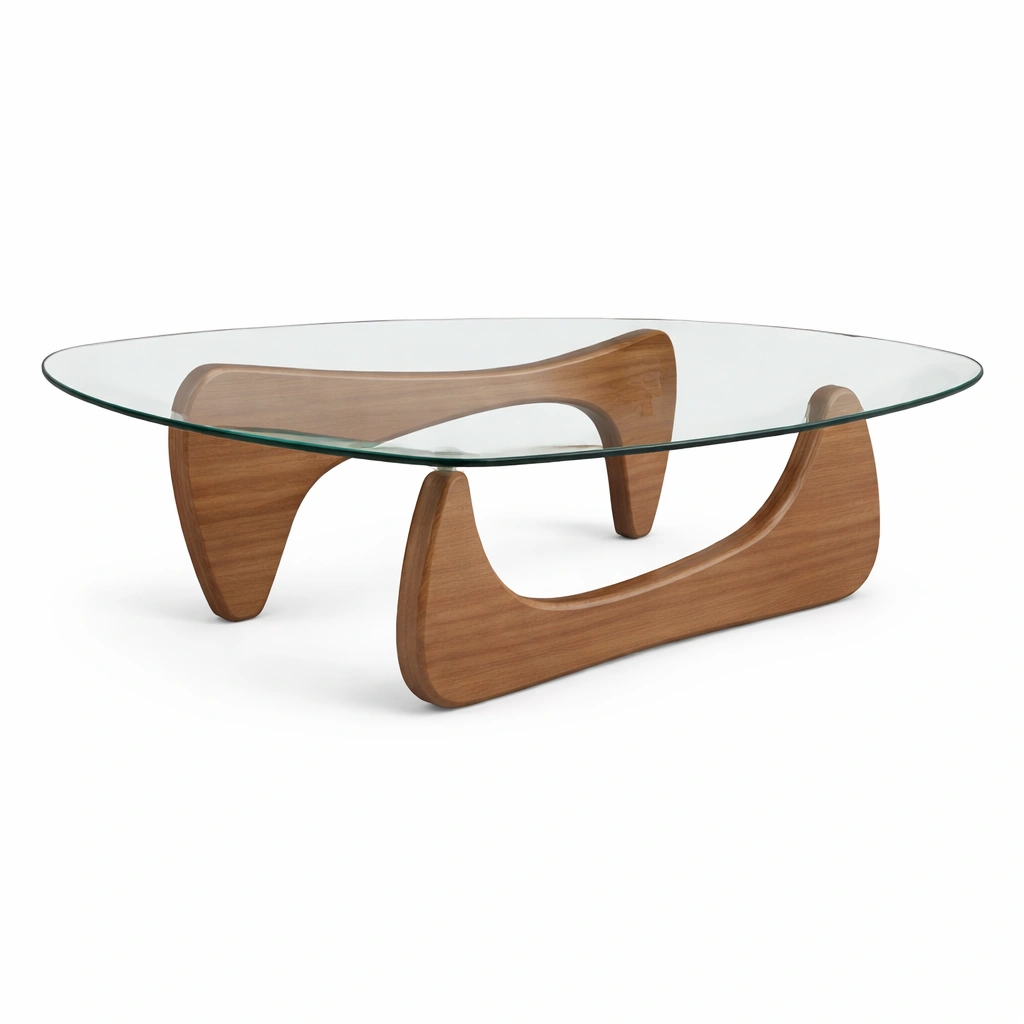 Mesa de centro moderna con tablero vidrio y base madera diseno organico-Zenyxio