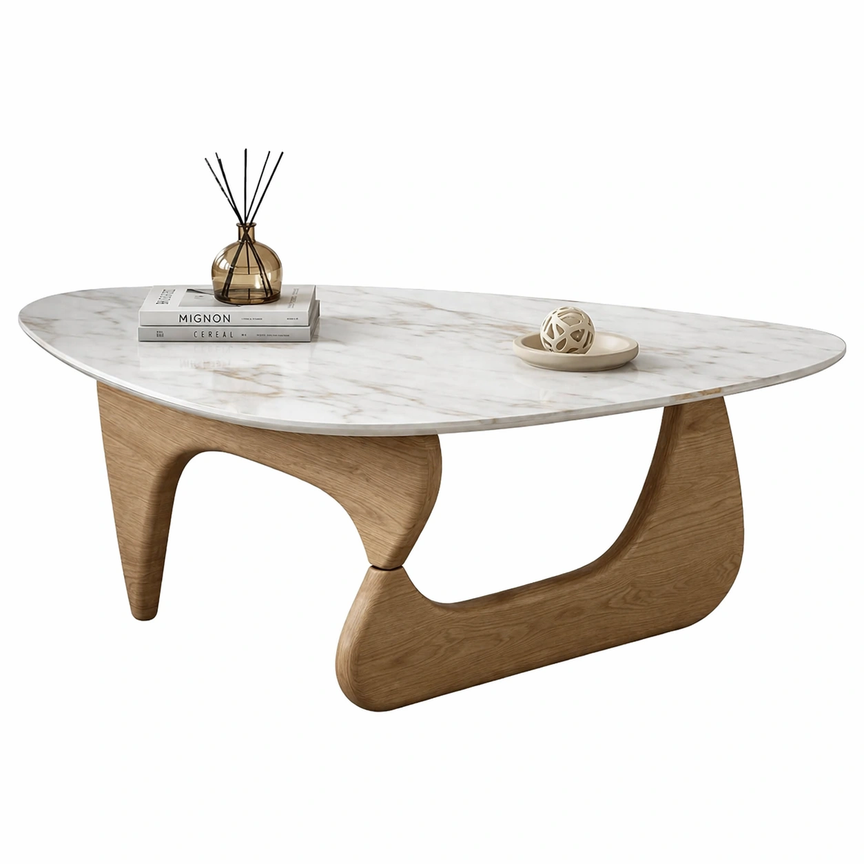 Mesa de centro marmol blanco con base madera diseno elegante contemporaneo-Zenyxio