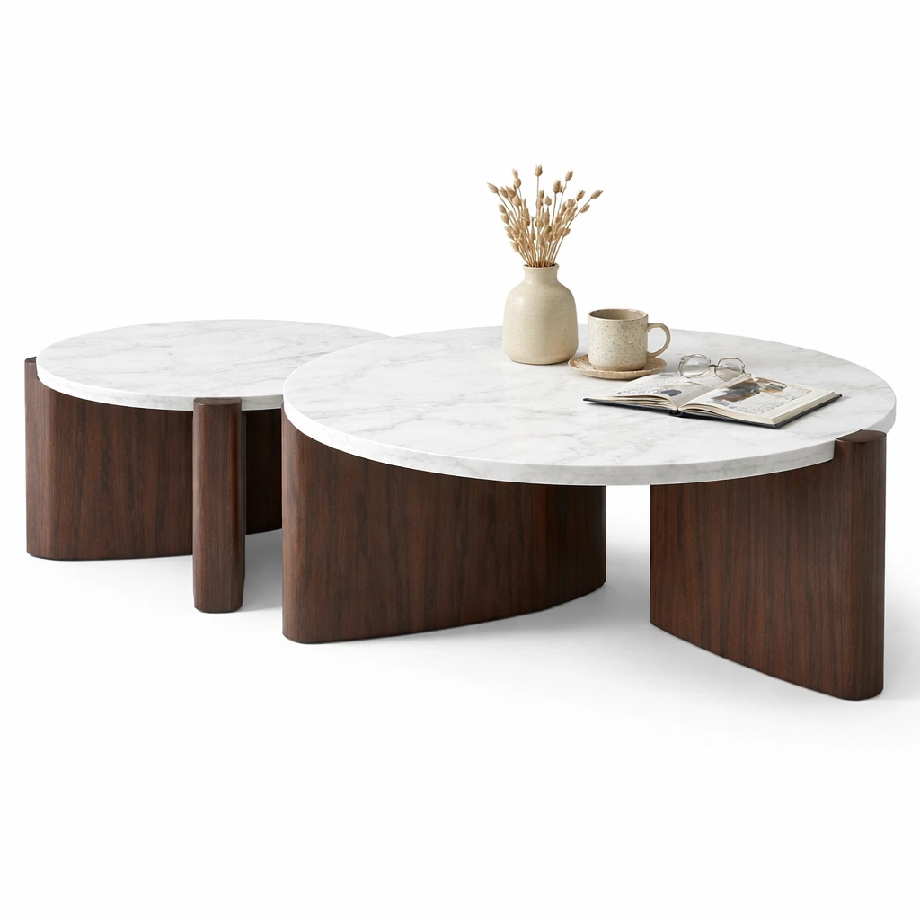 Mesa de centro doble redonda marmol blanco con base madera conjunto moderno-Zenyxio