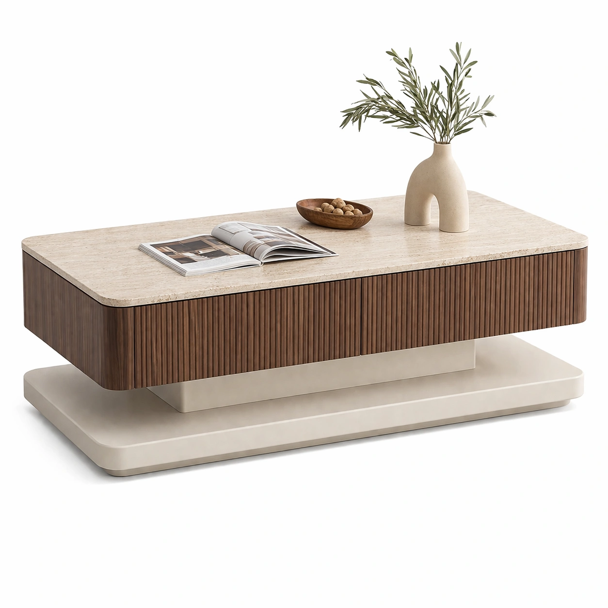 Mesa de centro rectangular marmol crema con base madera y estructura moderna-Zenyxio