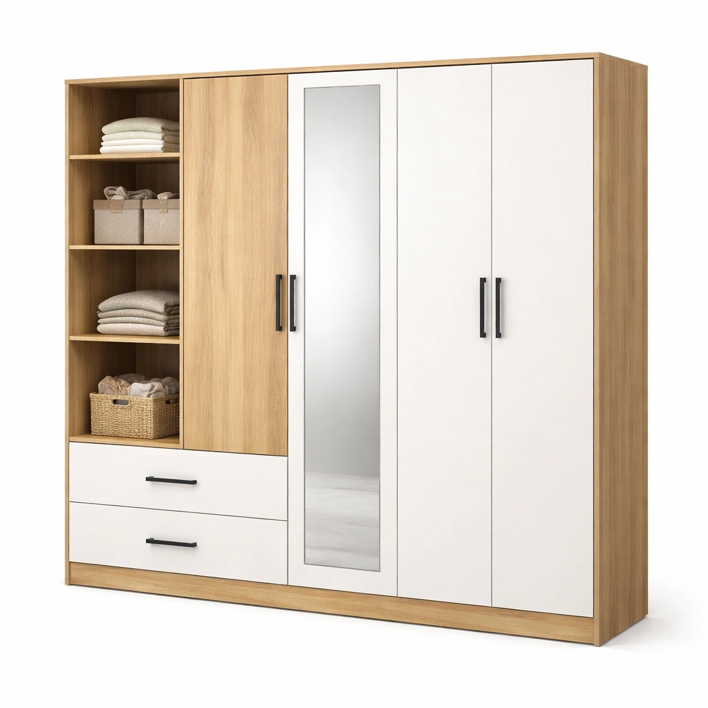 Armario combinado con estantes abiertos espejo central y cajones almacenamiento-Zenyxio