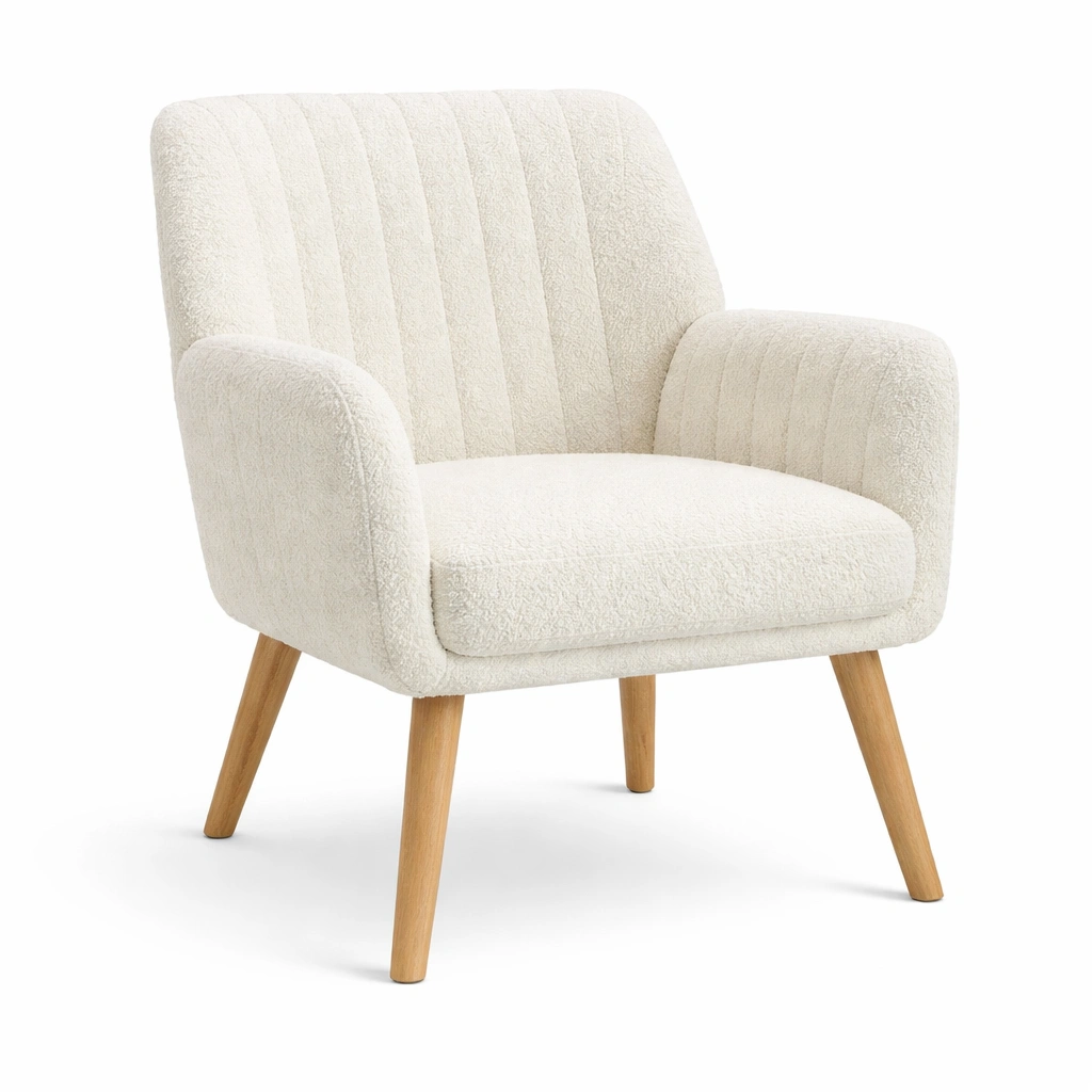 Sillon tapizado blanco con patas madera estilo nordico suave-Zenyxio