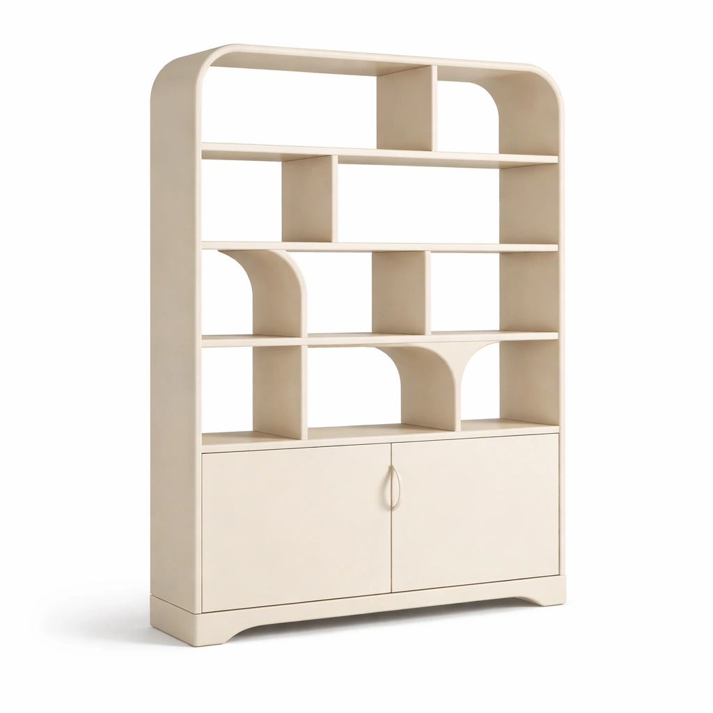 Estanteria moderna color crema con compartimentos abiertos y puertas inferiores-Zenyxio