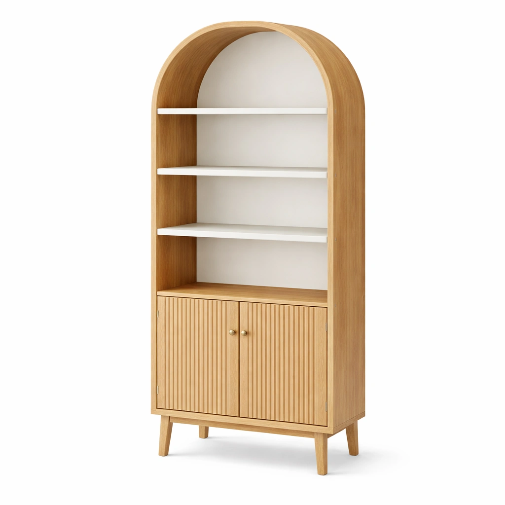 Estanteria arco madera natural con puertas y baldas estilo nordico-Zenyxio