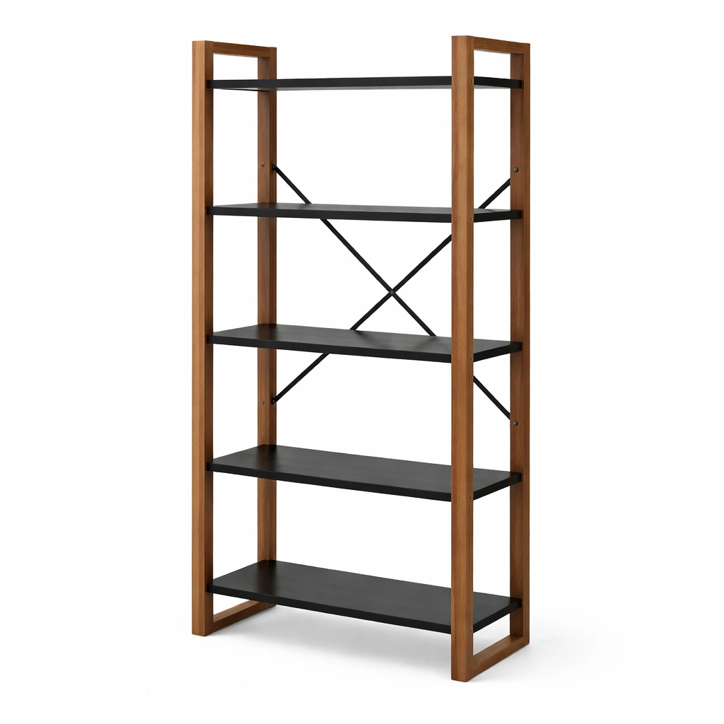 Estanteria industrial madera y negro con estructura abierta resistente-Zenyxio