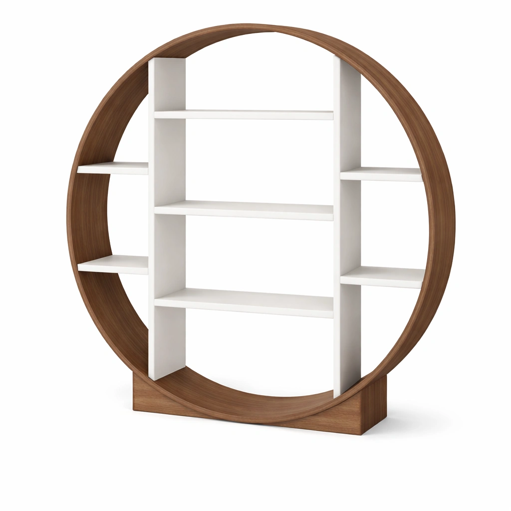 Estanteria circular madera y blanco con diseno decorativo moderno-Zenyxio