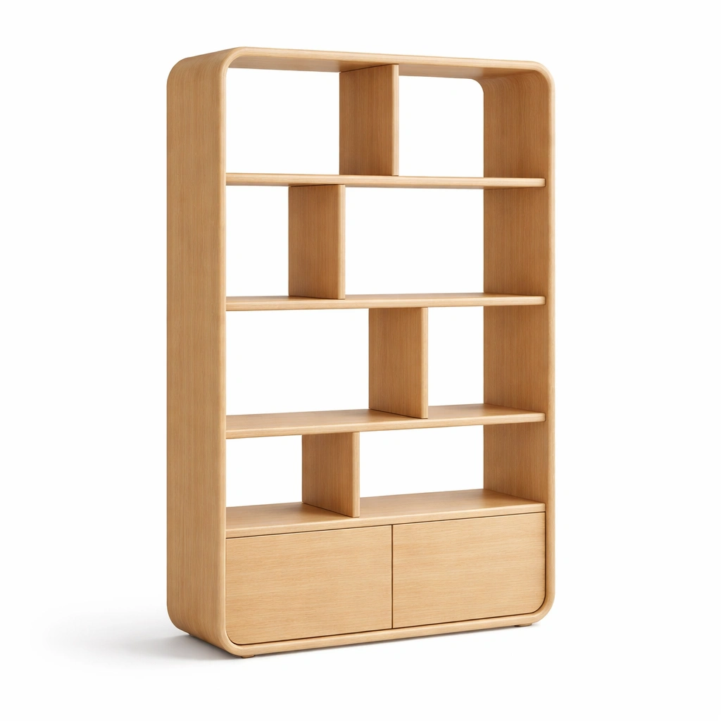 Estanteria moderna madera clara con compartimentos y armario inferior-Zenyxio