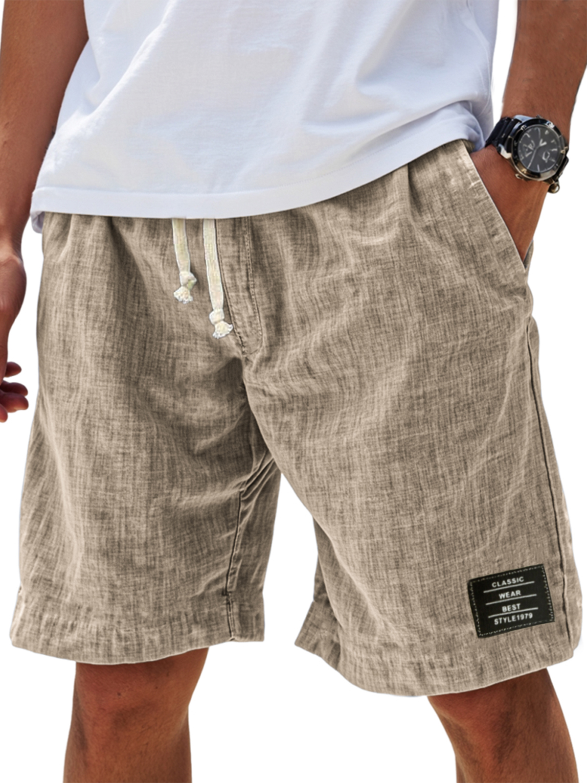 Herren Freizeit Atmungsaktive Leinen Besticktes Logo Lockere Urlaub Shorts