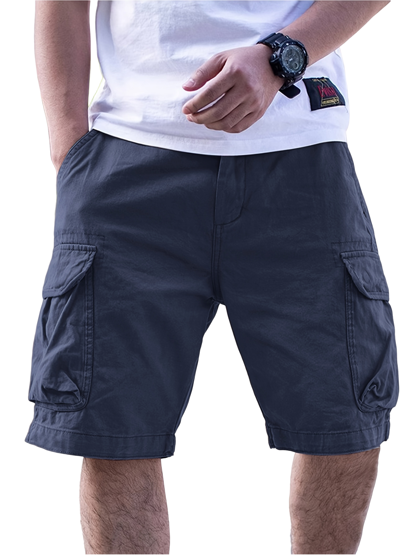 Herren Freizeit Cargo Shorts mit lockerer Passform und mehreren Taschen, einfarbig, mittlere Leibhöhe, elastischer Bund mit Kordelzug