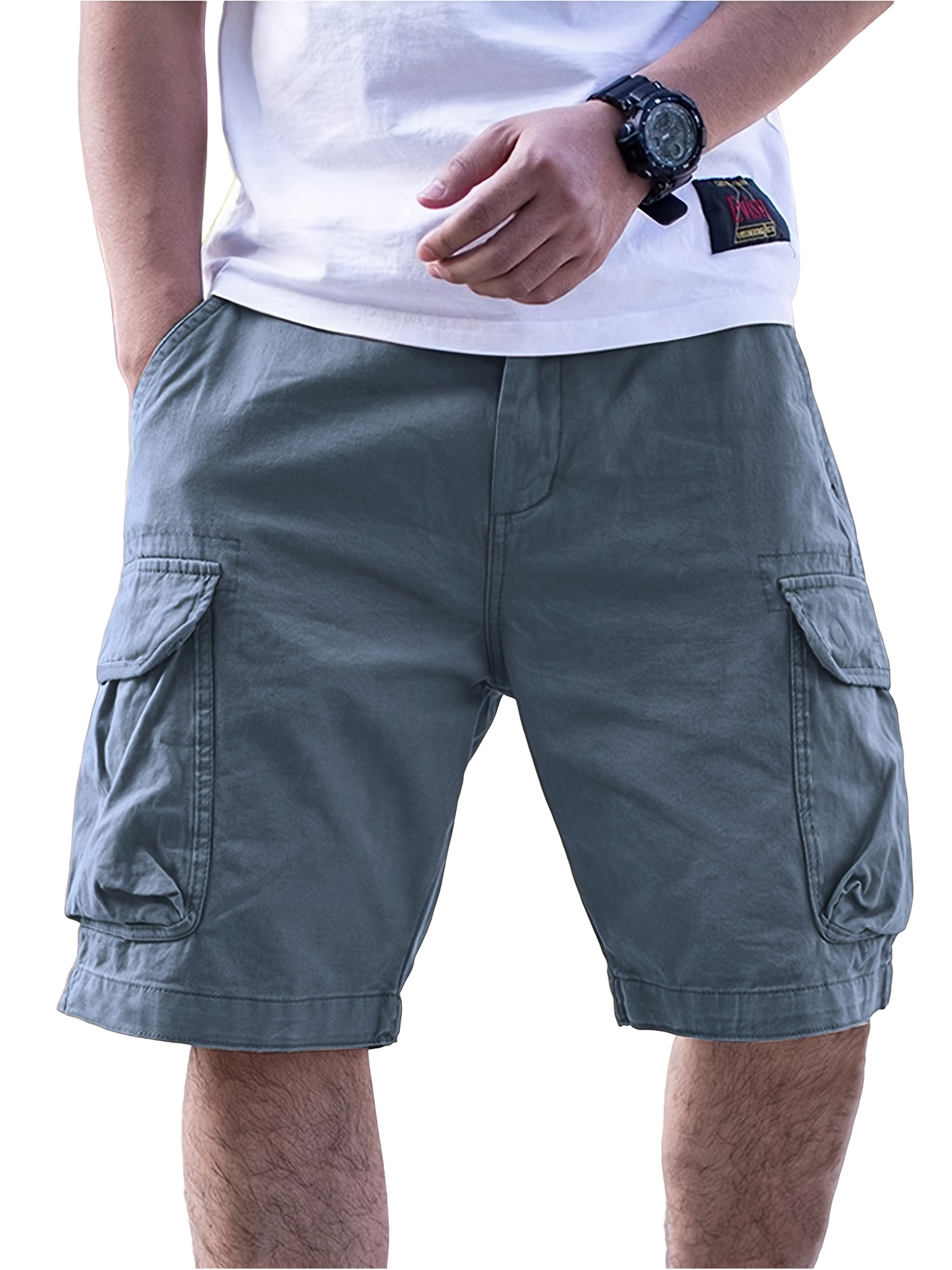 Herren Freizeit Cargo Shorts mit lockerer Passform und mehreren Taschen, einfarbig, mittlere Leibhöhe, elastischer Bund mit Kordelzug