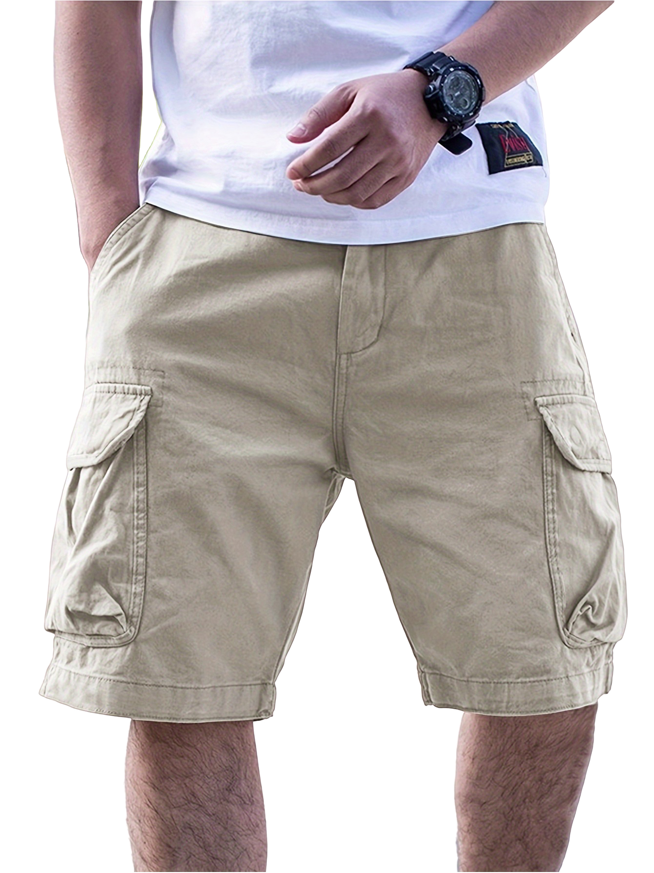 Herren Freizeit Cargo Shorts mit lockerer Passform und mehreren Taschen, einfarbig, mittlere Leibhöhe, elastischer Bund mit Kordelzug