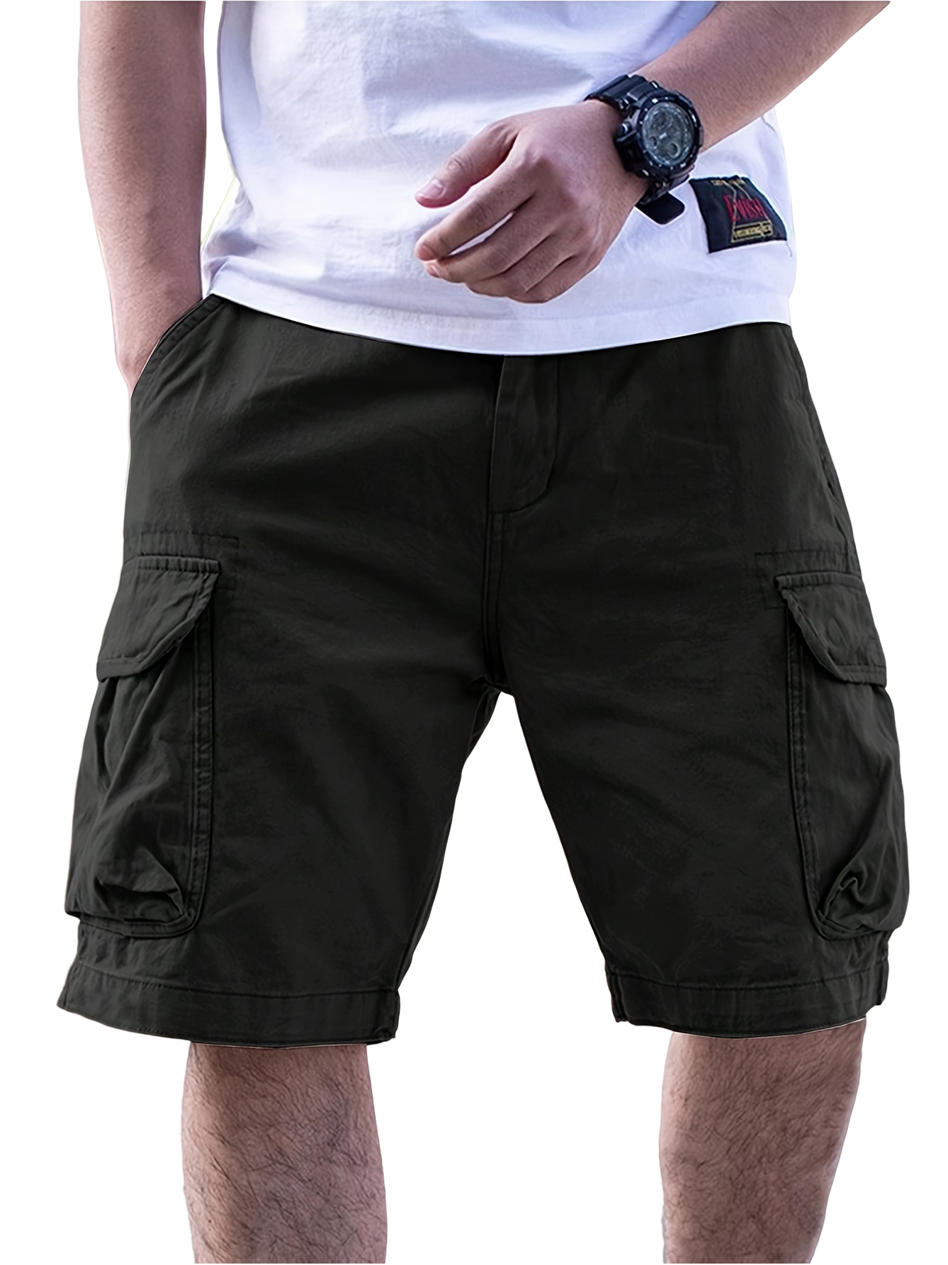 Herren Freizeit Cargo Shorts mit lockerer Passform und mehreren Taschen, einfarbig, mittlere Leibhöhe, elastischer Bund mit Kordelzug