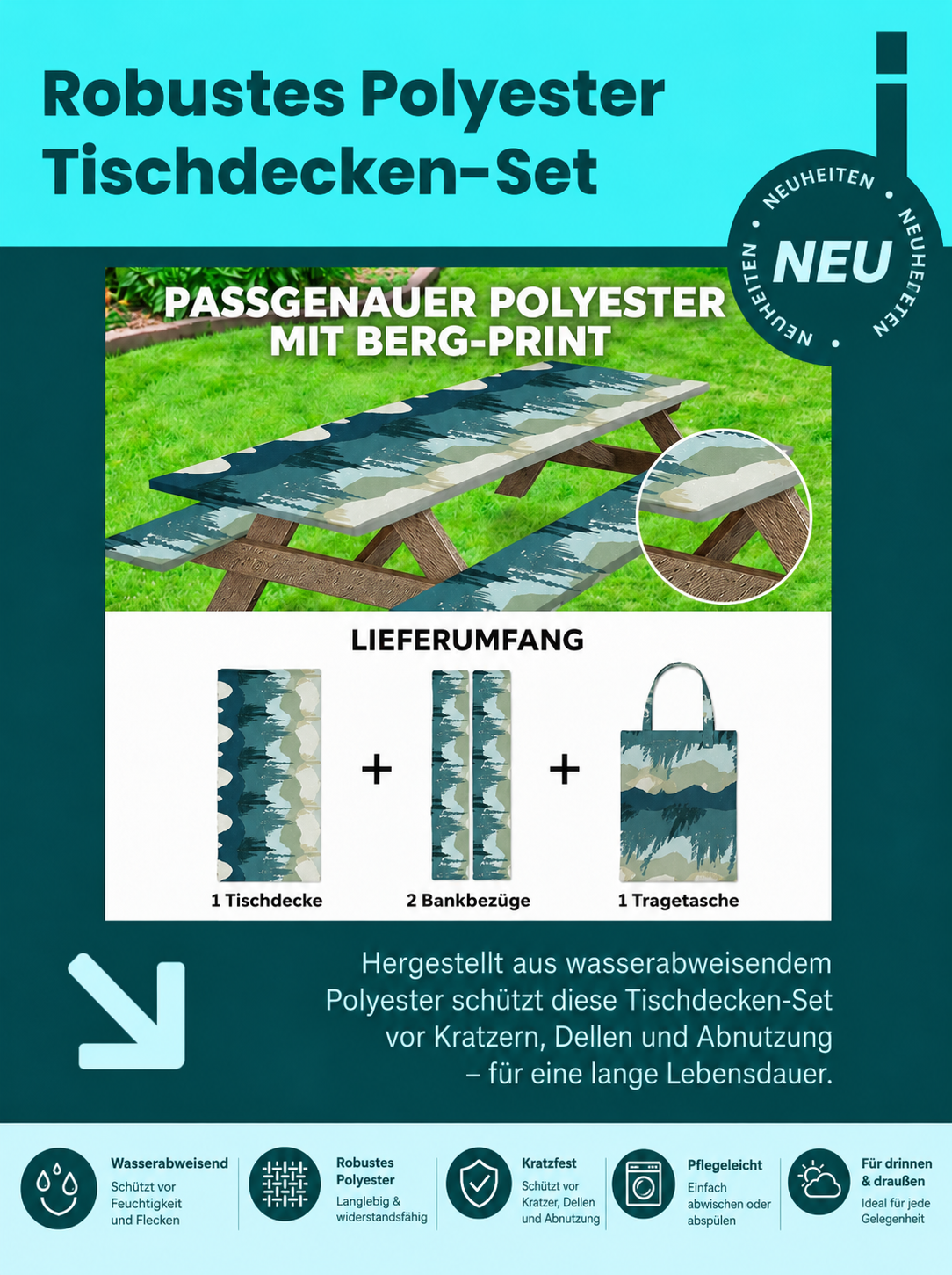 Stretch Tablecloth with Bench Covers & Carrying Bag - Waterproof Polyester Picnic Table Cover Set for Outdoor Patio Furniture