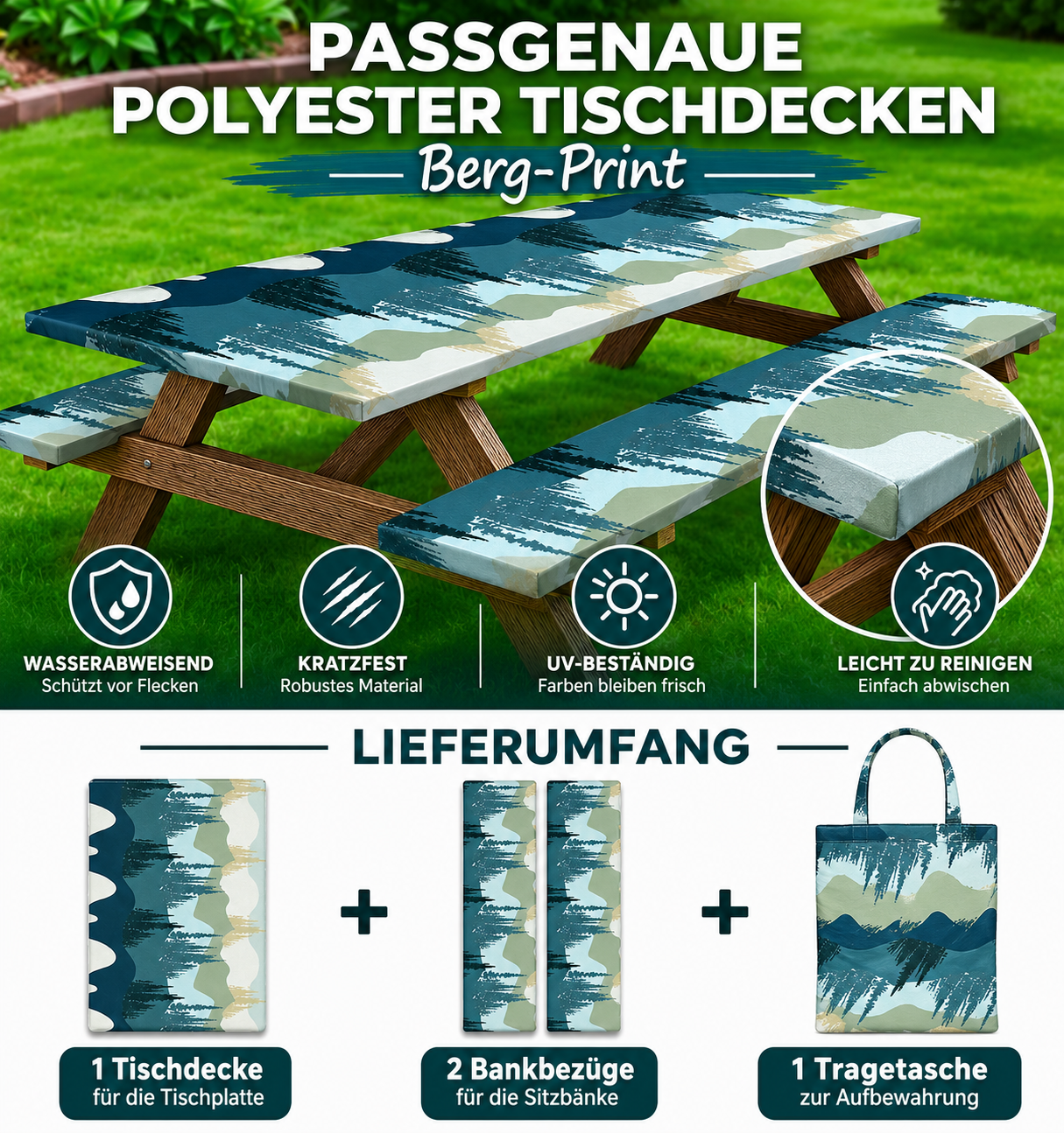 Stretch Tablecloth with Bench Covers & Carrying Bag - Waterproof Polyester Picnic Table Cover Set for Outdoor Patio Furniture