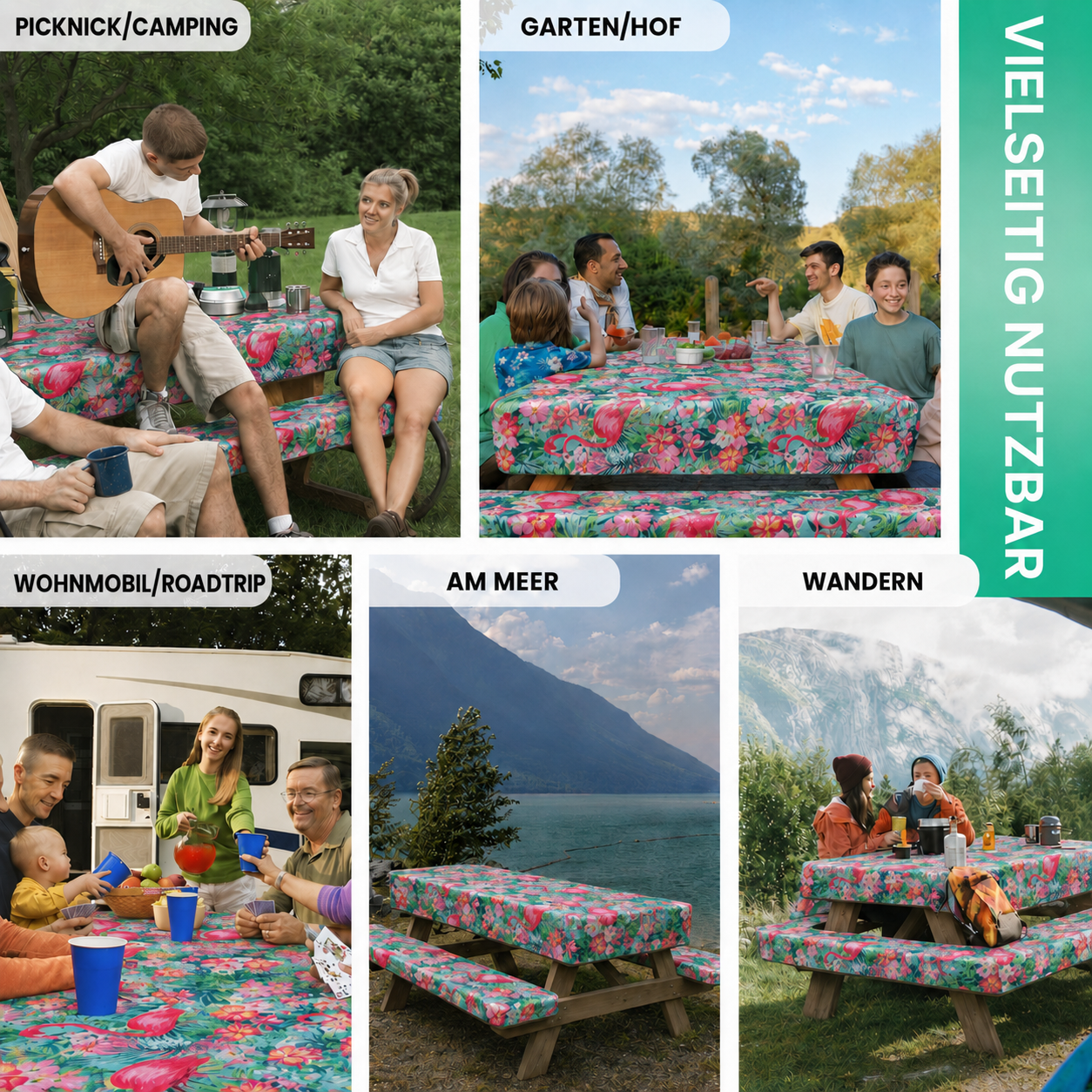 Stretch Tablecloth with Bench Covers & Carrying Bag - Waterproof Polyester Picnic Table Cover Set for Outdoor Patio Furniture