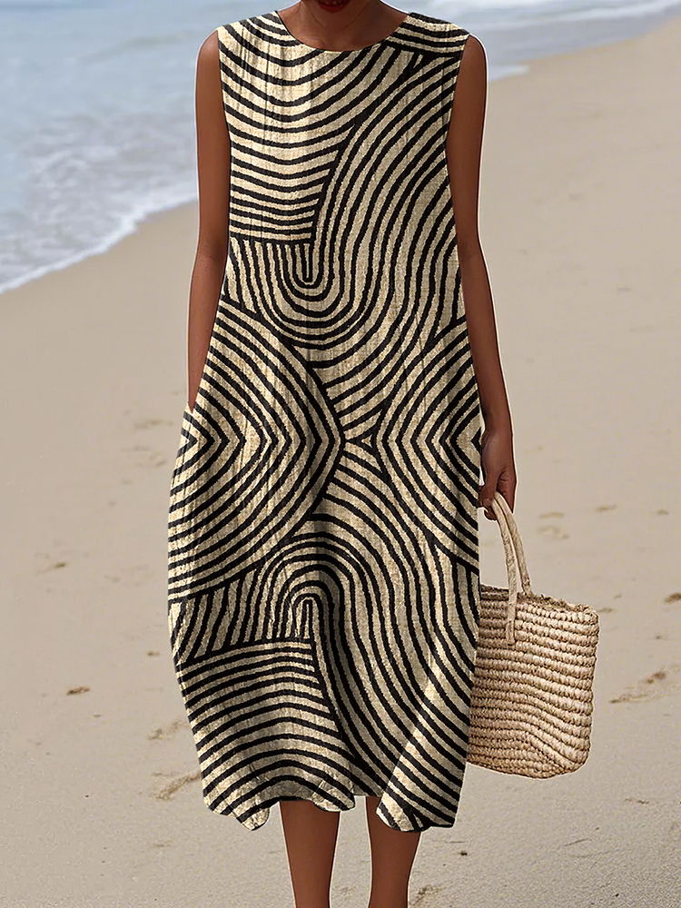 Damenkleid aus Baumwolle und Leinen mit abstraktem Print und Seitentaschen