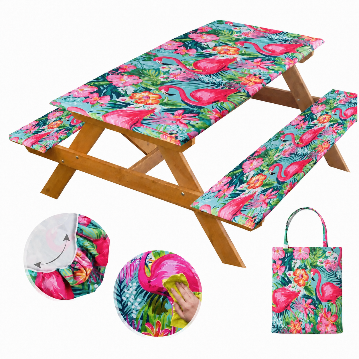 Stretch Tablecloth with Bench Covers & Carrying Bag - Waterproof Polyester Picnic Table Cover Set for Outdoor Patio Furniture