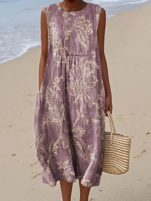 Women's Vintage Abstract Geometry Art Print Sleeveless Cotton Pocket Wrap Dress