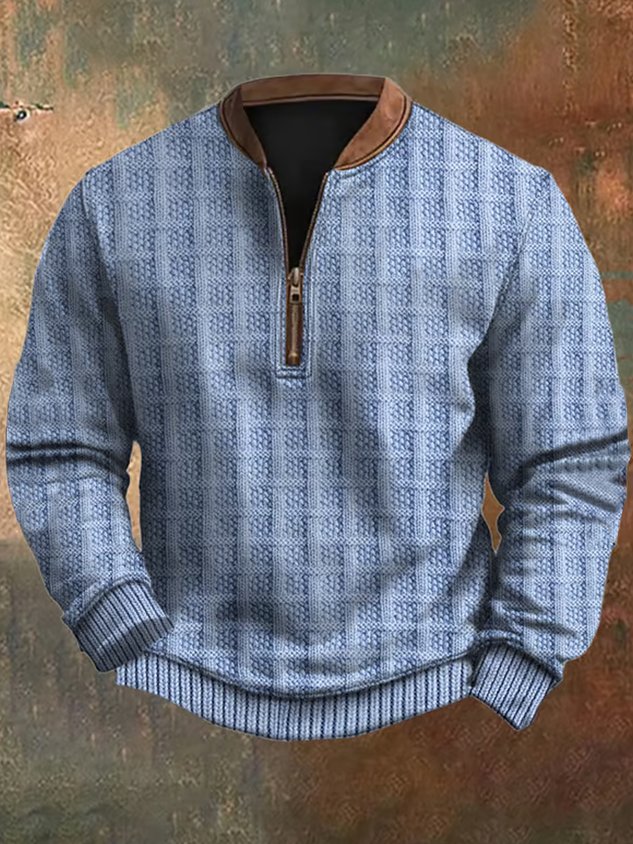Retro Plaid Texture 3D Digital Printing Men's Zipper Sweatshirt Big & Tall