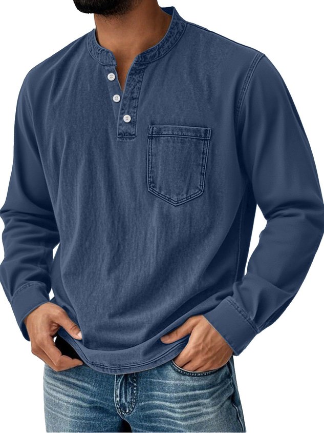  Basic Men's Casual Fashion Elastic Button Open Collar Long Sleeve Pocket T-Shirt Big Tall