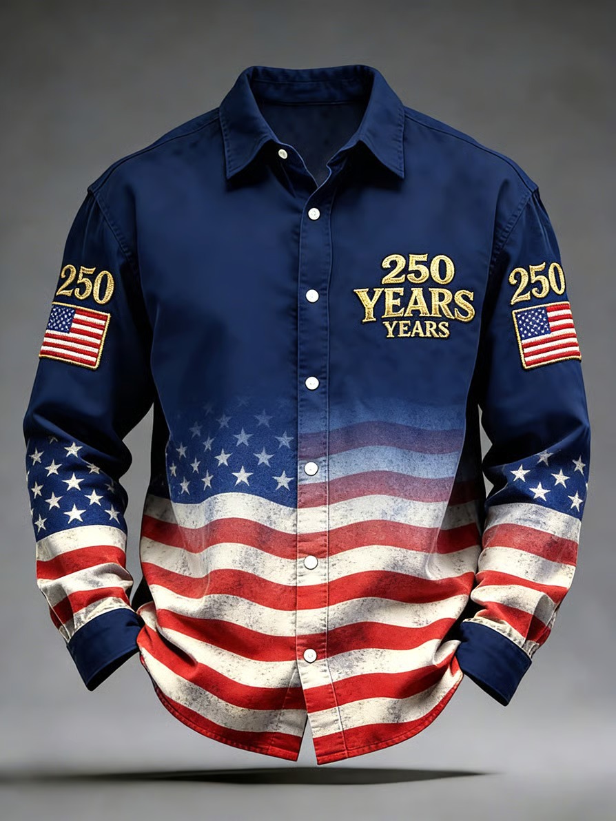 Men’s Vintage-Style 250th Anniversary American Flag Print Long-Sleeved Shirt