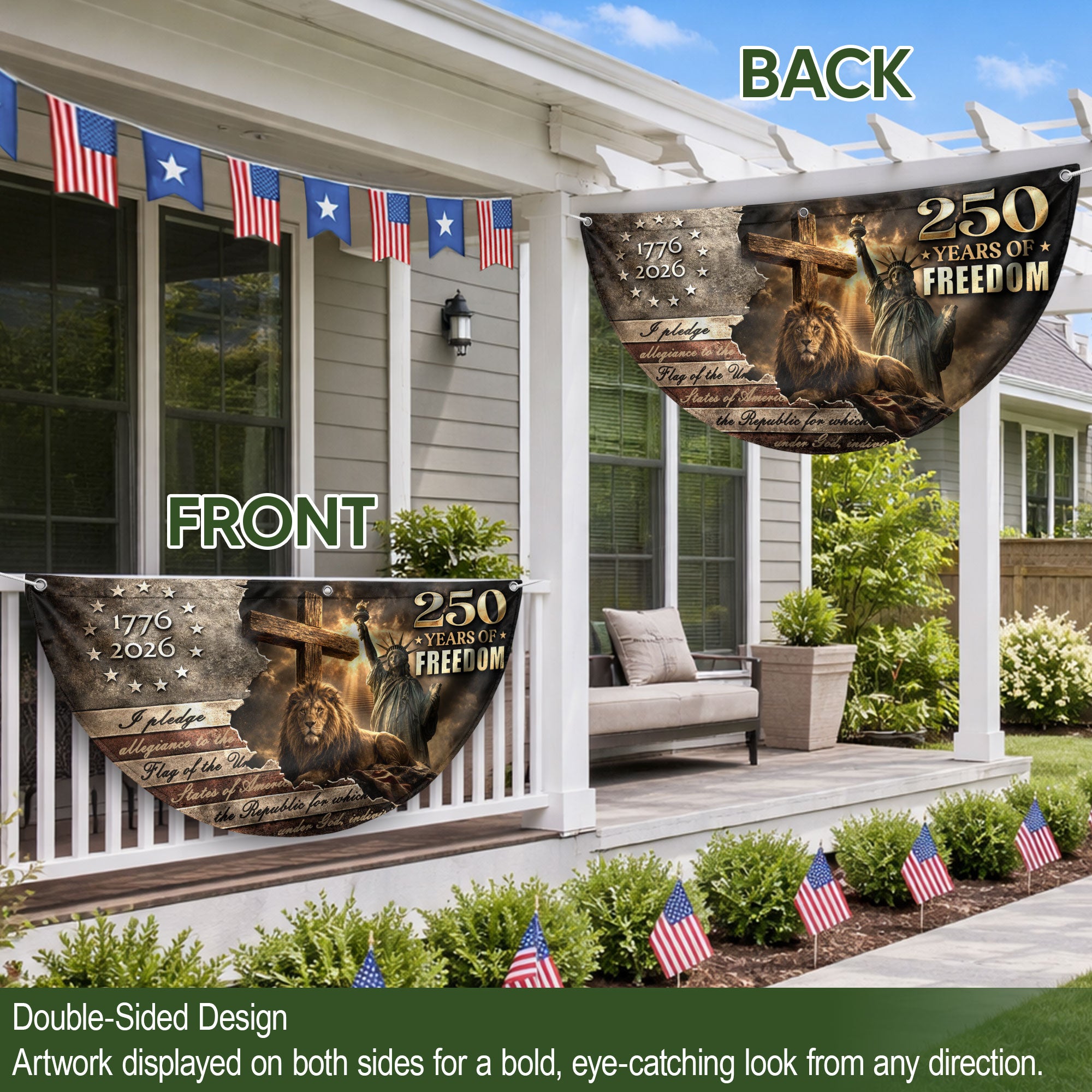 God Bless 250 Years Fence Flag 1776-2026 – Lion & Cross Christian Patriotic USA Double Sided Banner