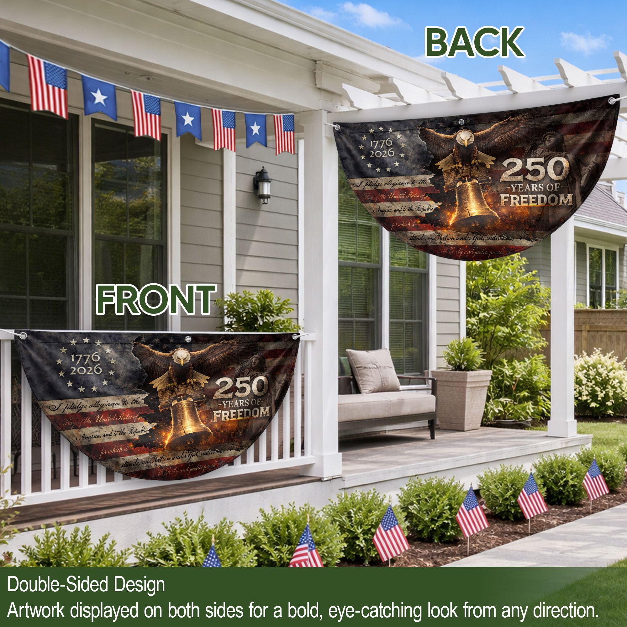 250 Year Fence Flag 1776 to 2026 Freedom Eagle Bell Patriotic Outdoor Decor