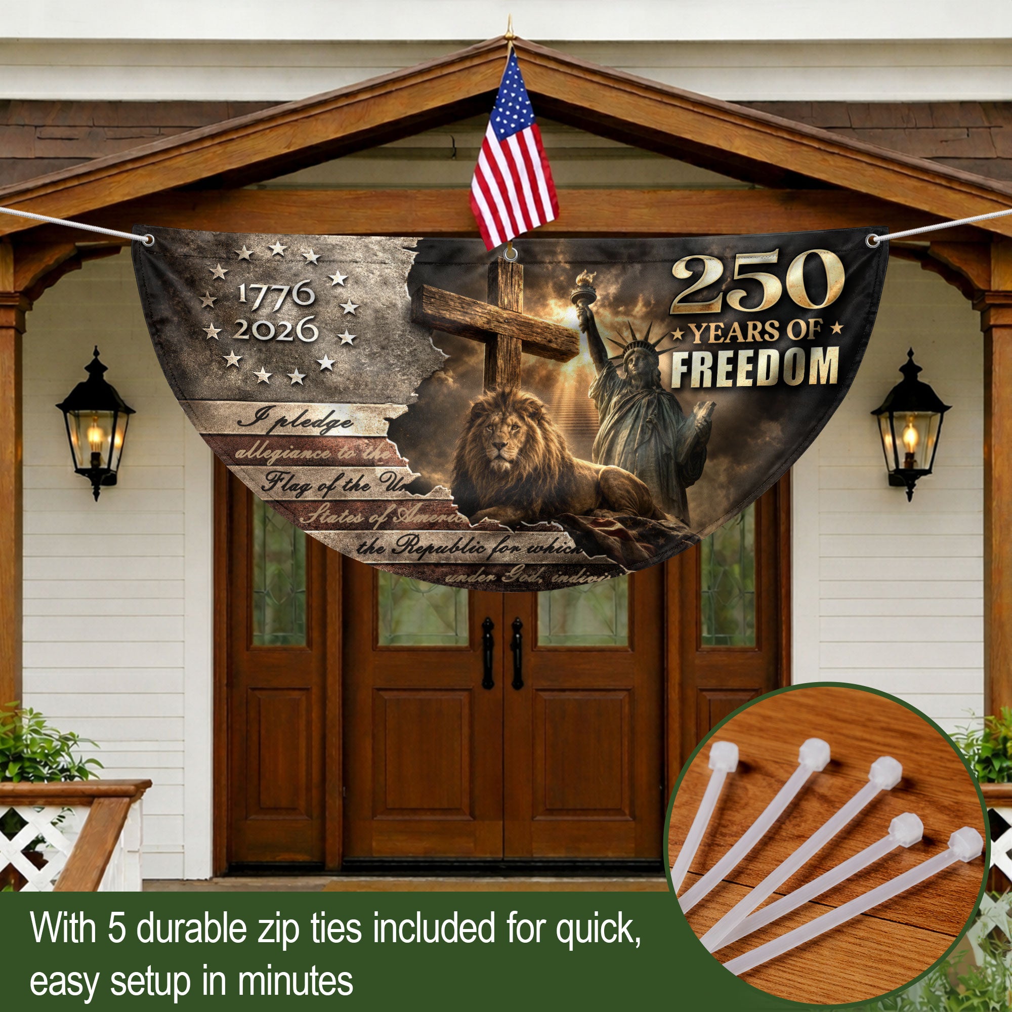 God Bless 250 Years Fence Flag 1776-2026 – Lion & Cross Christian Patriotic USA Double Sided Banner