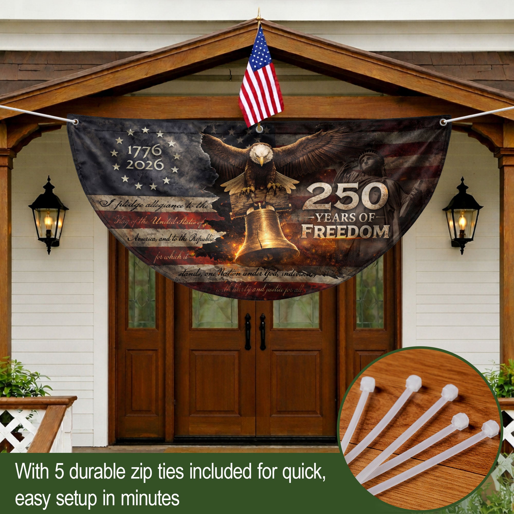 250 Year Fence Flag 1776 to 2026 Freedom Eagle Bell Patriotic Outdoor Decor