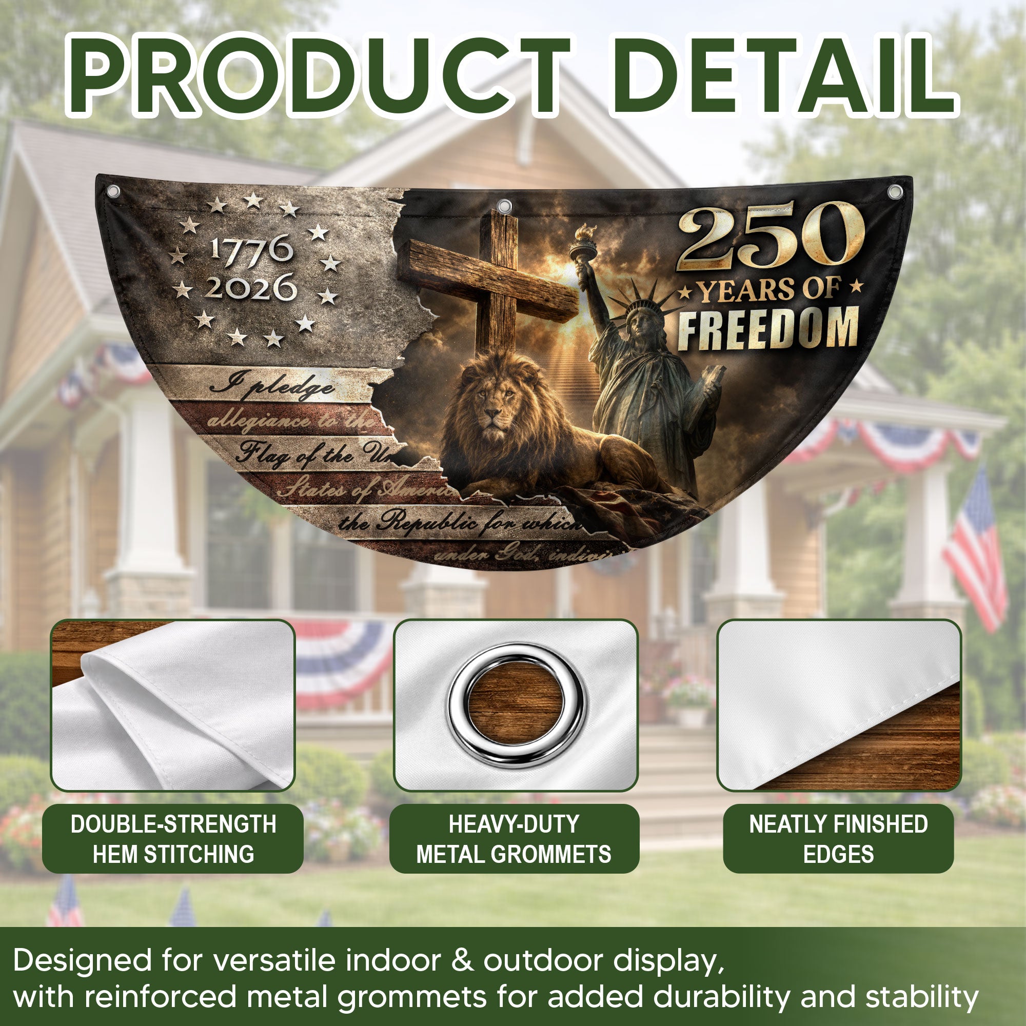 God Bless 250 Years Fence Flag 1776-2026 – Lion & Cross Christian Patriotic USA Double Sided Banner