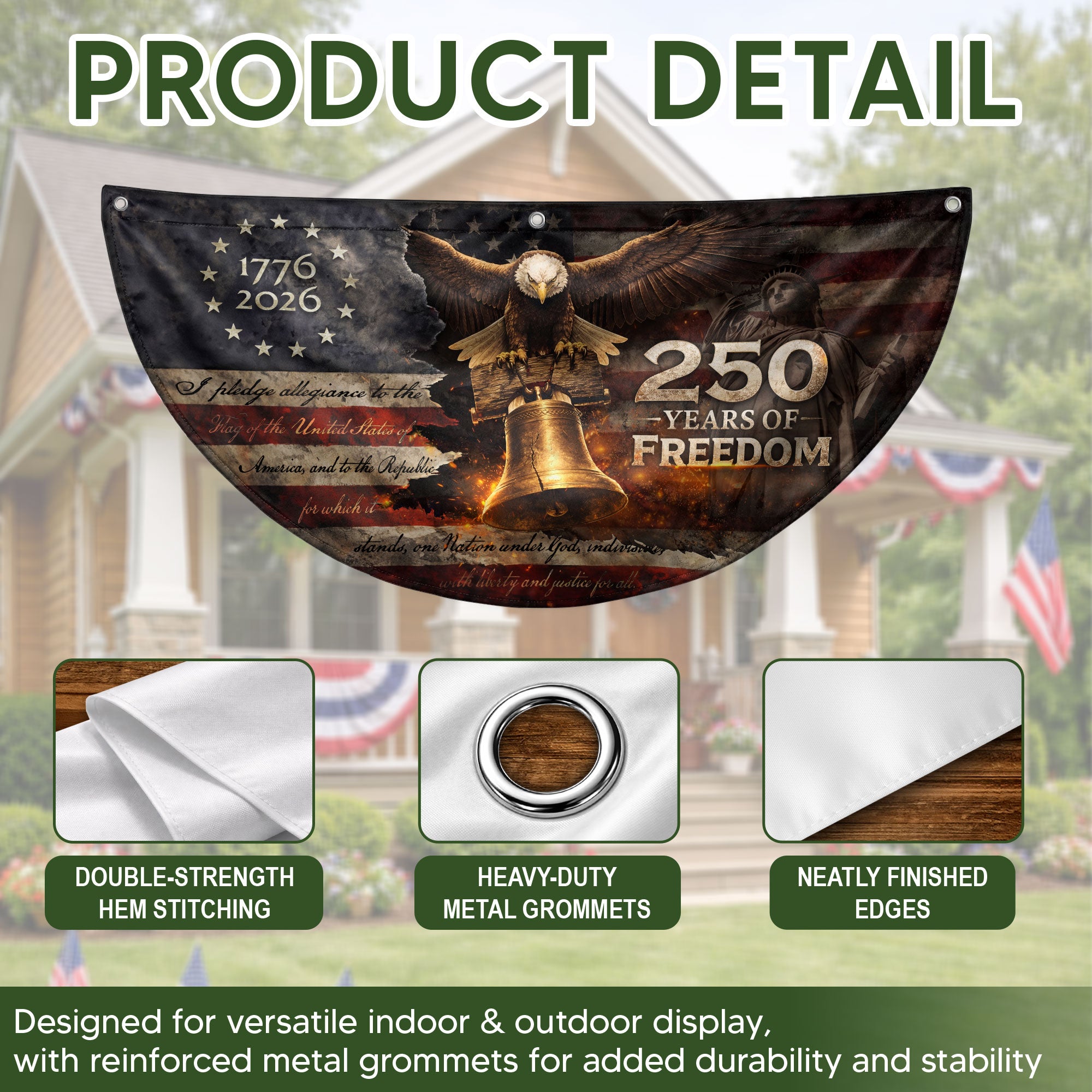 250 Year Fence Flag 1776 to 2026 Freedom Eagle Bell Patriotic Outdoor Decor