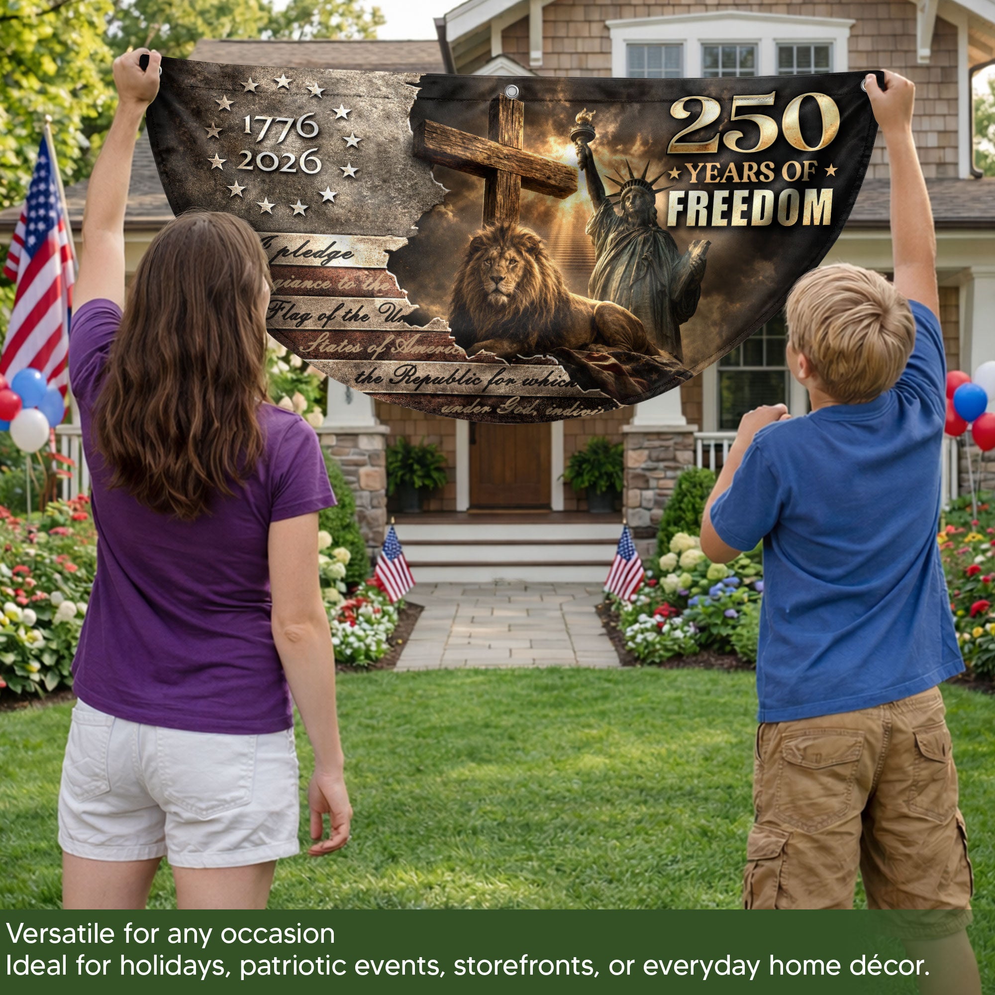God Bless 250 Years Fence Flag 1776-2026 – Lion & Cross Christian Patriotic USA Double Sided Banner