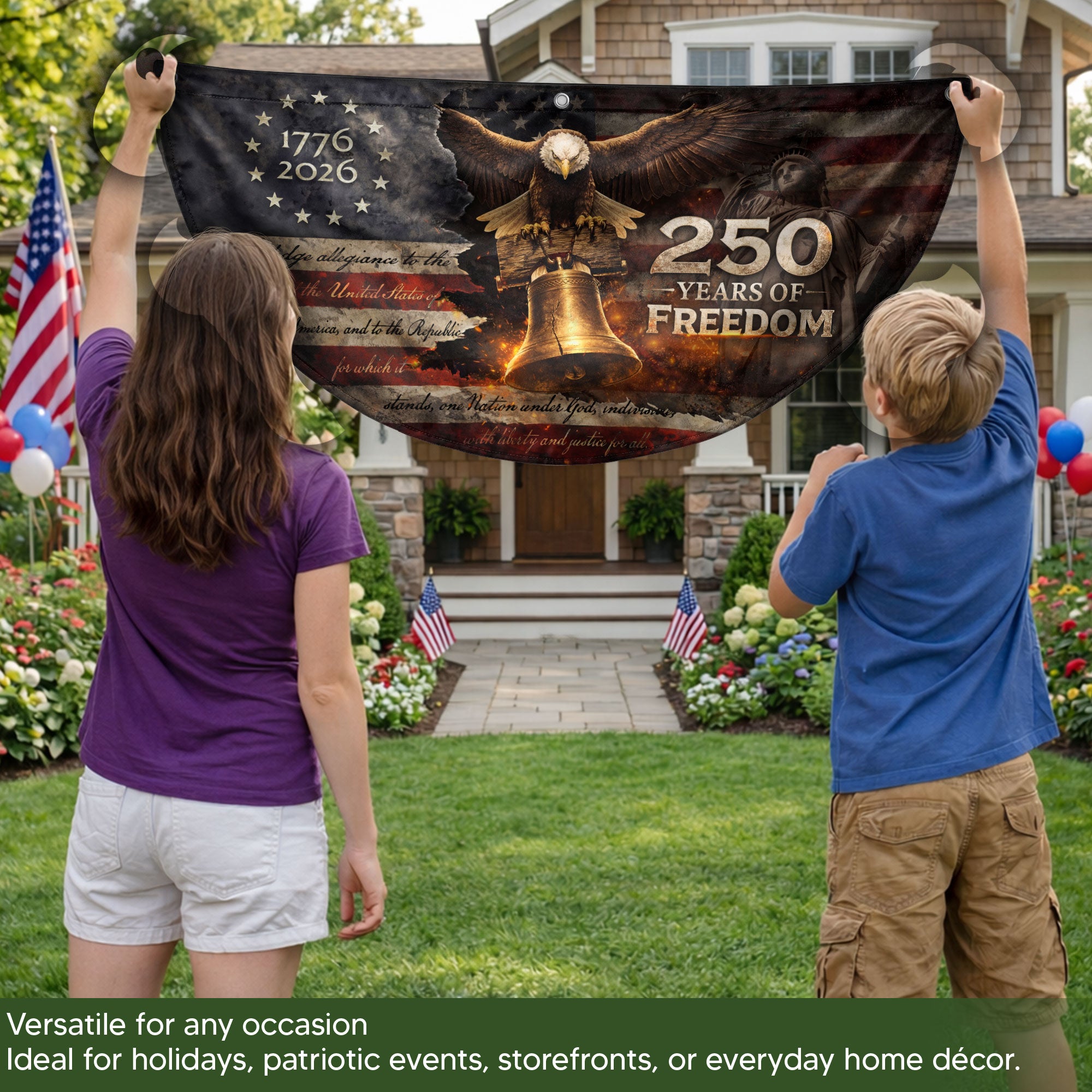 250 Year Fence Flag 1776 to 2026 Freedom Eagle Bell Patriotic Outdoor Decor