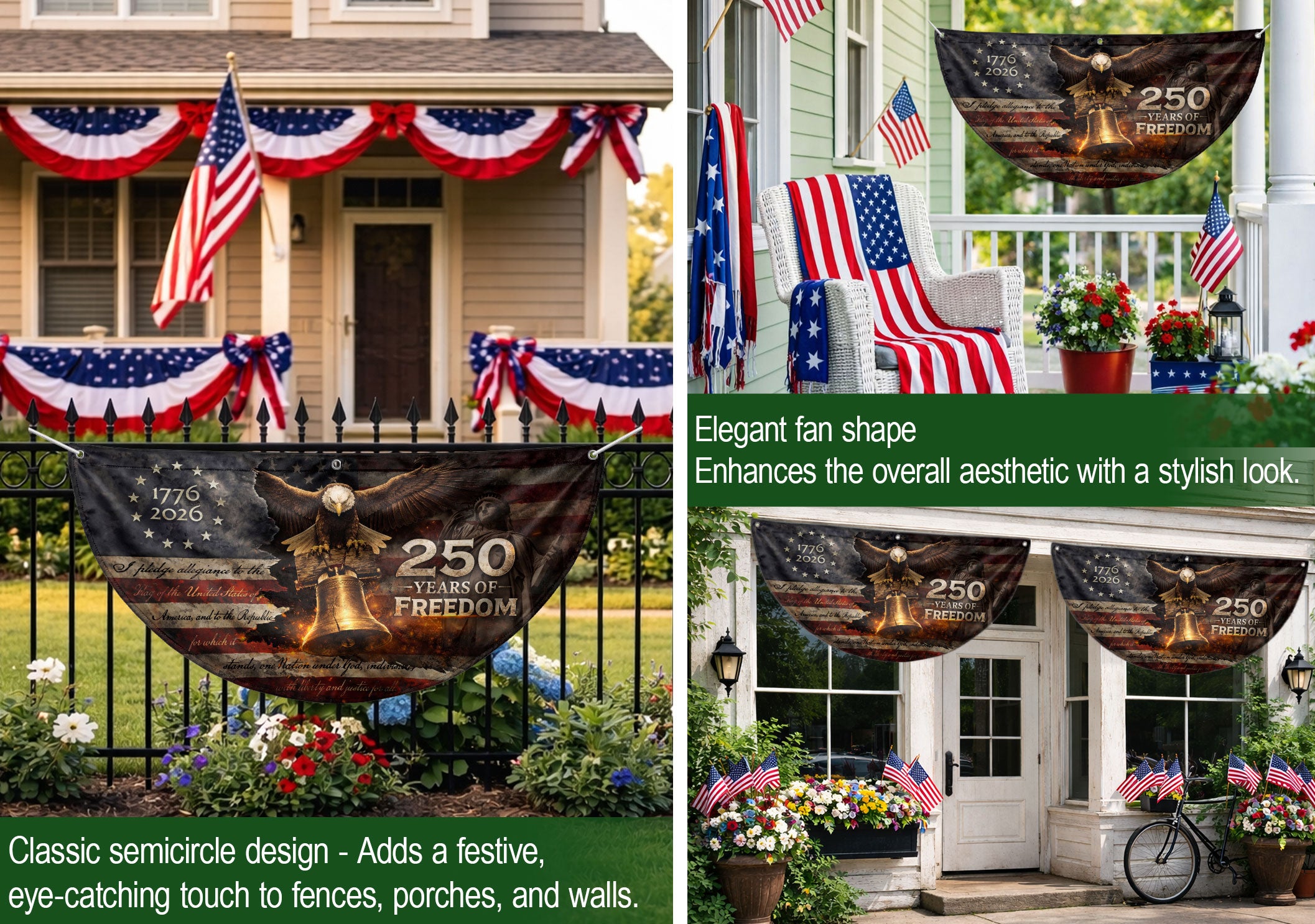 250 Year Fence Flag 1776 to 2026 Freedom Eagle Bell Patriotic Outdoor Decor