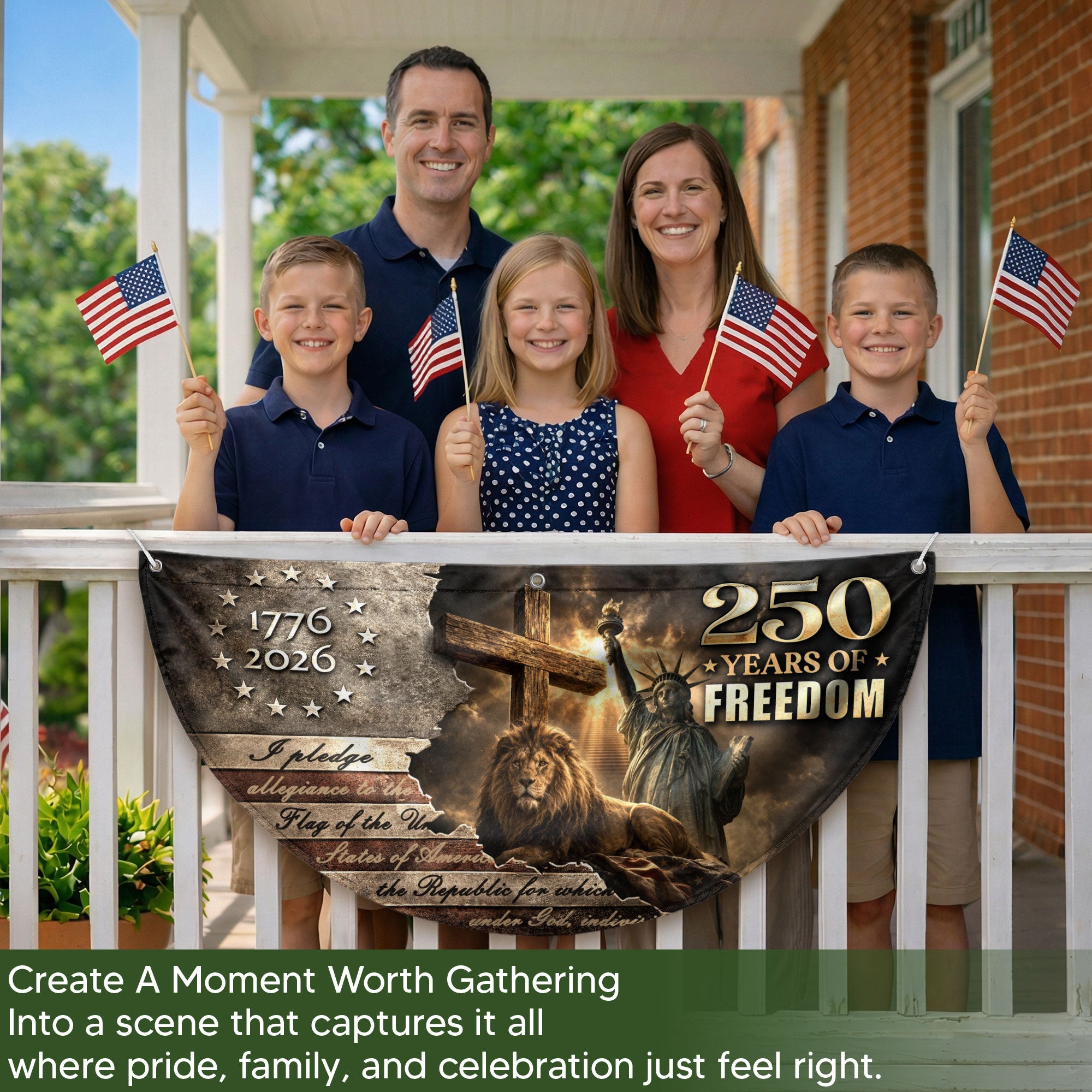 God Bless 250 Years Fence Flag 1776-2026 – Lion & Cross Christian Patriotic USA Double Sided Banner