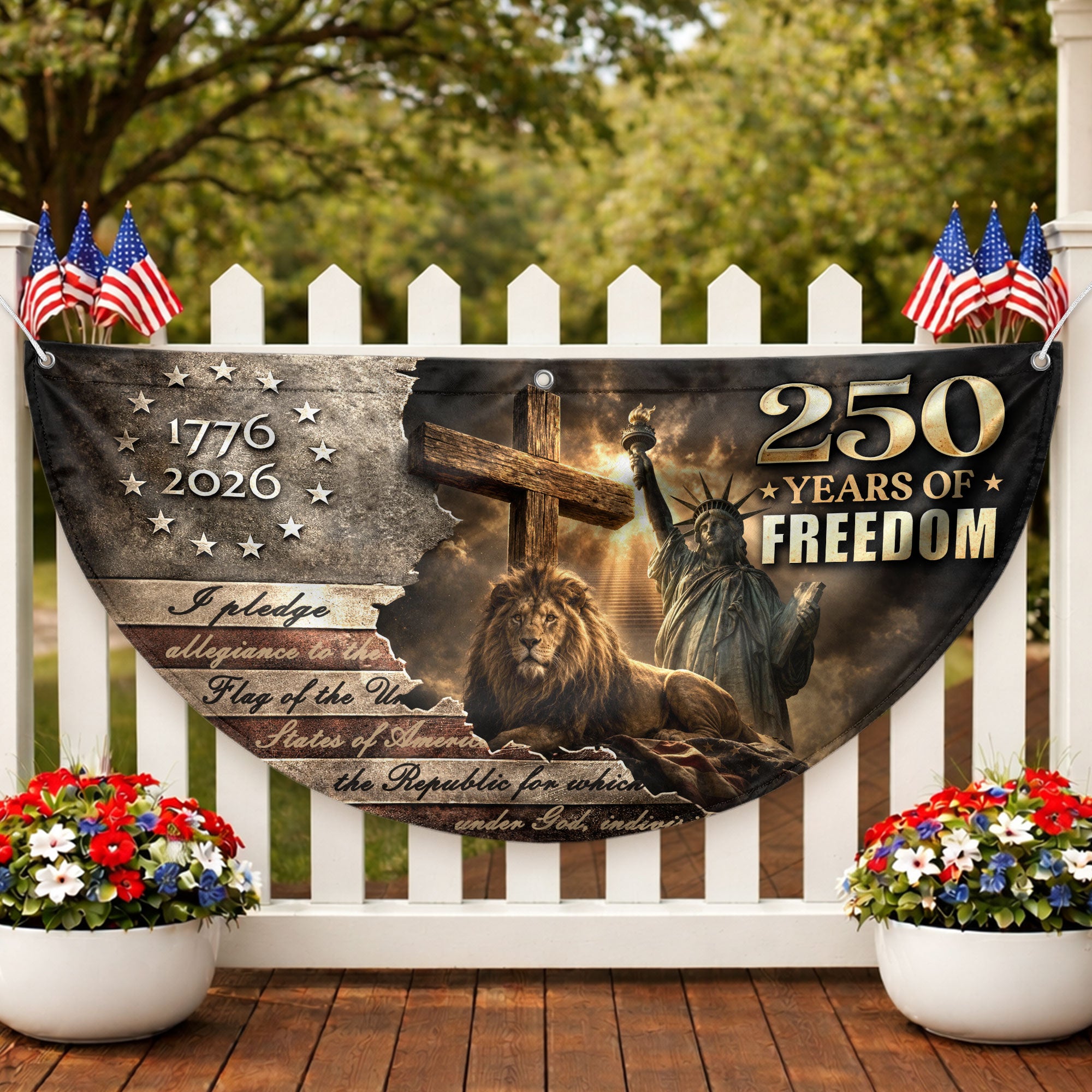 God Bless 250 Years Fence Flag 1776-2026 – Lion & Cross Christian Patriotic USA Double Sided Banner