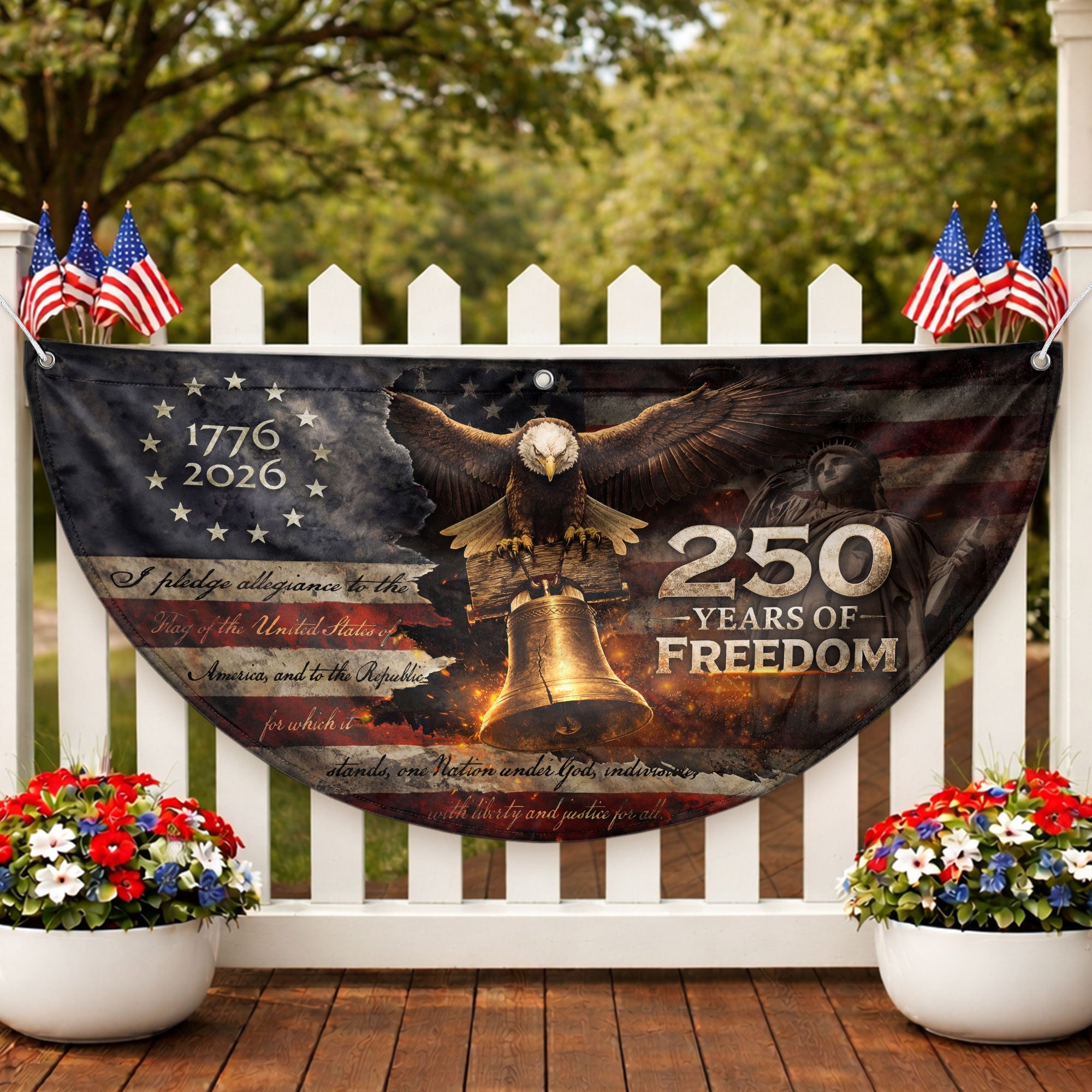 250 Year Fence Flag 1776 to 2026 Freedom Eagle Bell Patriotic Outdoor Decor