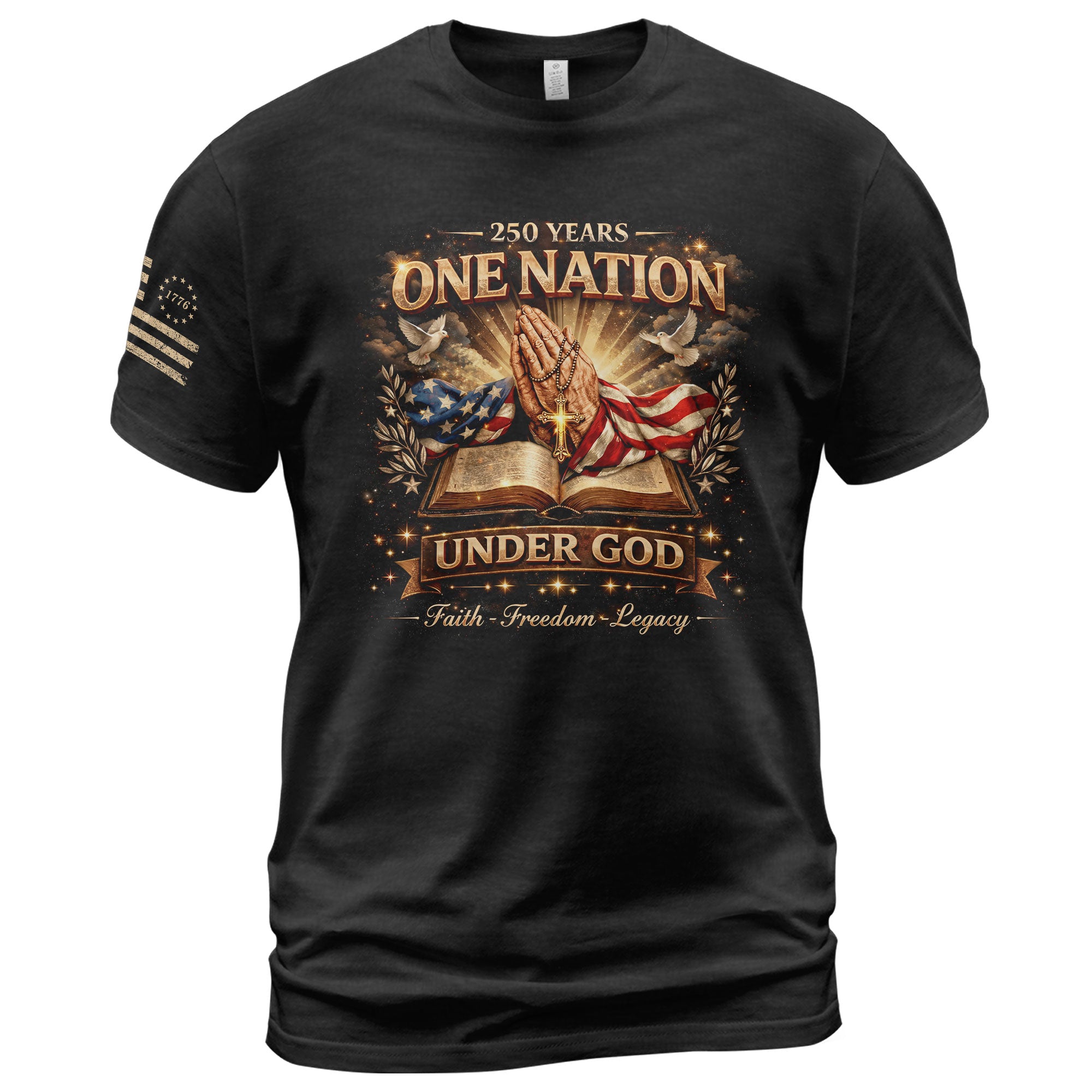 One Nation Under God 250th Birthday of America 1776-2026 T-Shirt – Faith Freedom Legacy Praying Hands Patriotic Merchandise